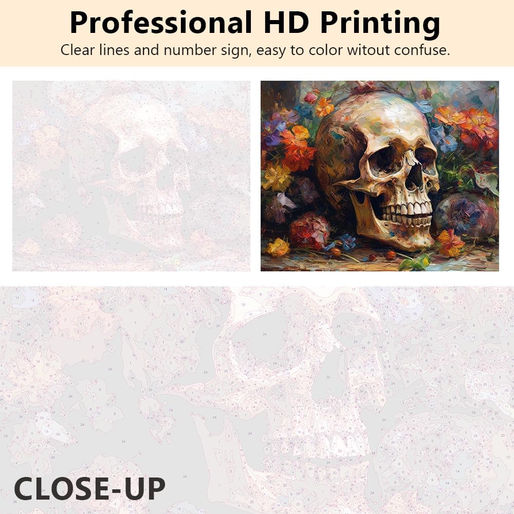 Skull Paint by Numbers Skull Surrounded with Flowers Paint by Number Kits Canvas DIY Oil Painting for Adults Beginners, Paint by Number Adult Paint by Number Kits Home Decor, 16 x20 Inch