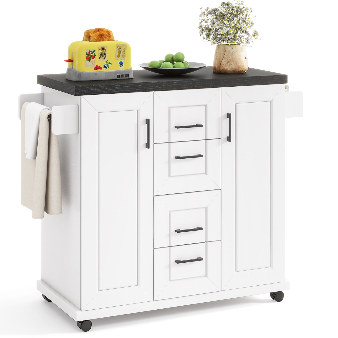 White Engineered Wood Kitchen Island Cart with Drawers and Towel Rack