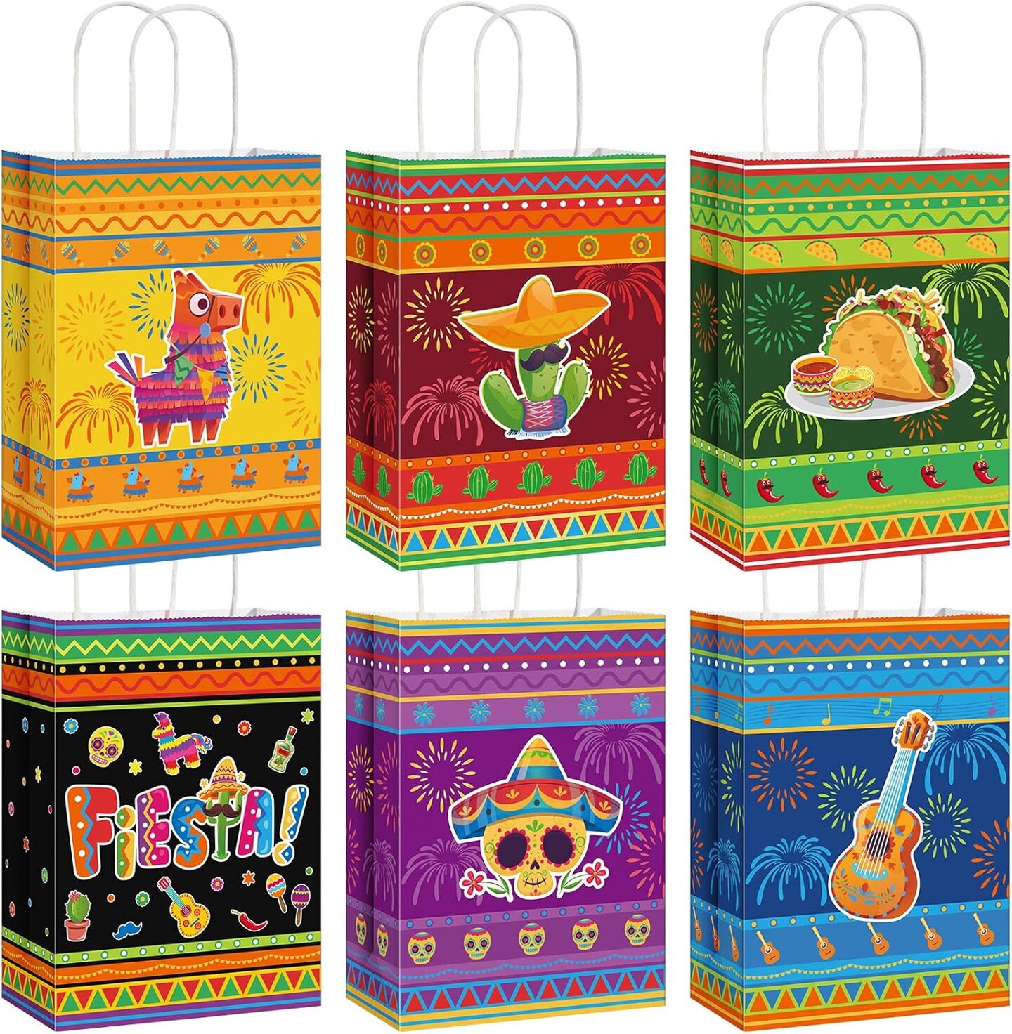 18 Packs Fiesta Party Favor Bags with Handles, Cinco De Mayo Candy Mexican Themed Paper Gifts Bags for Birthday Baby Shower Bridal Mexico Party Favor Supplies