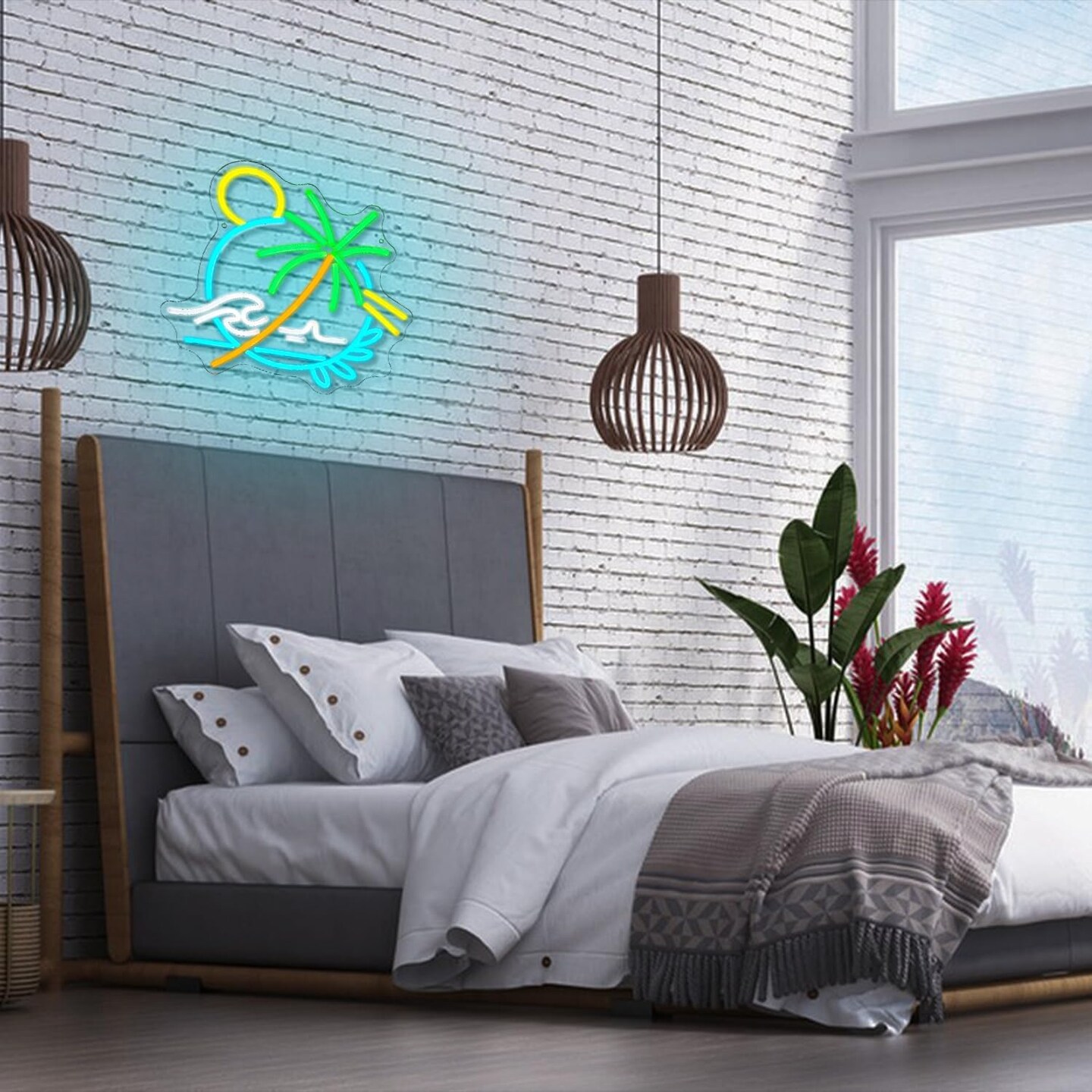 Palm Tree Neon Sign &#x2013; Sea Wave LED Light Circle for Wall D&#xE9;cor, Plant Neon Light for Bedroom, Living Room, Men&#x2019;s Cave, Bar, Hotel &#x26; Restaurant