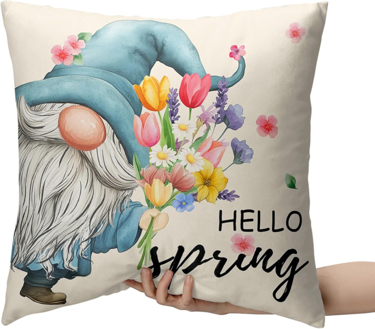 Hello Spring Pillow Covers 18x18 Set of 2 Gnome with Floral Throw Pillow Covers Colorful Flowers Decorative Pillow Case Cotton Blend Cushion Case for Living Room Couch Sofa