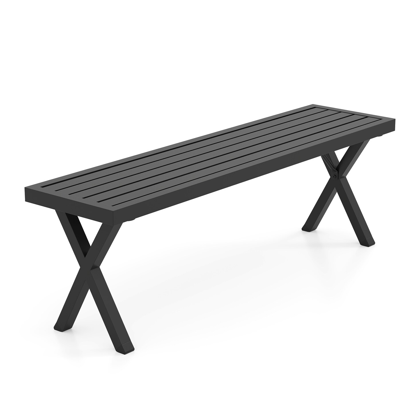 Black Metal Patio Bench with Slatted Design Seat and X-Shaped Legs Ideal for Outdoor Seating
