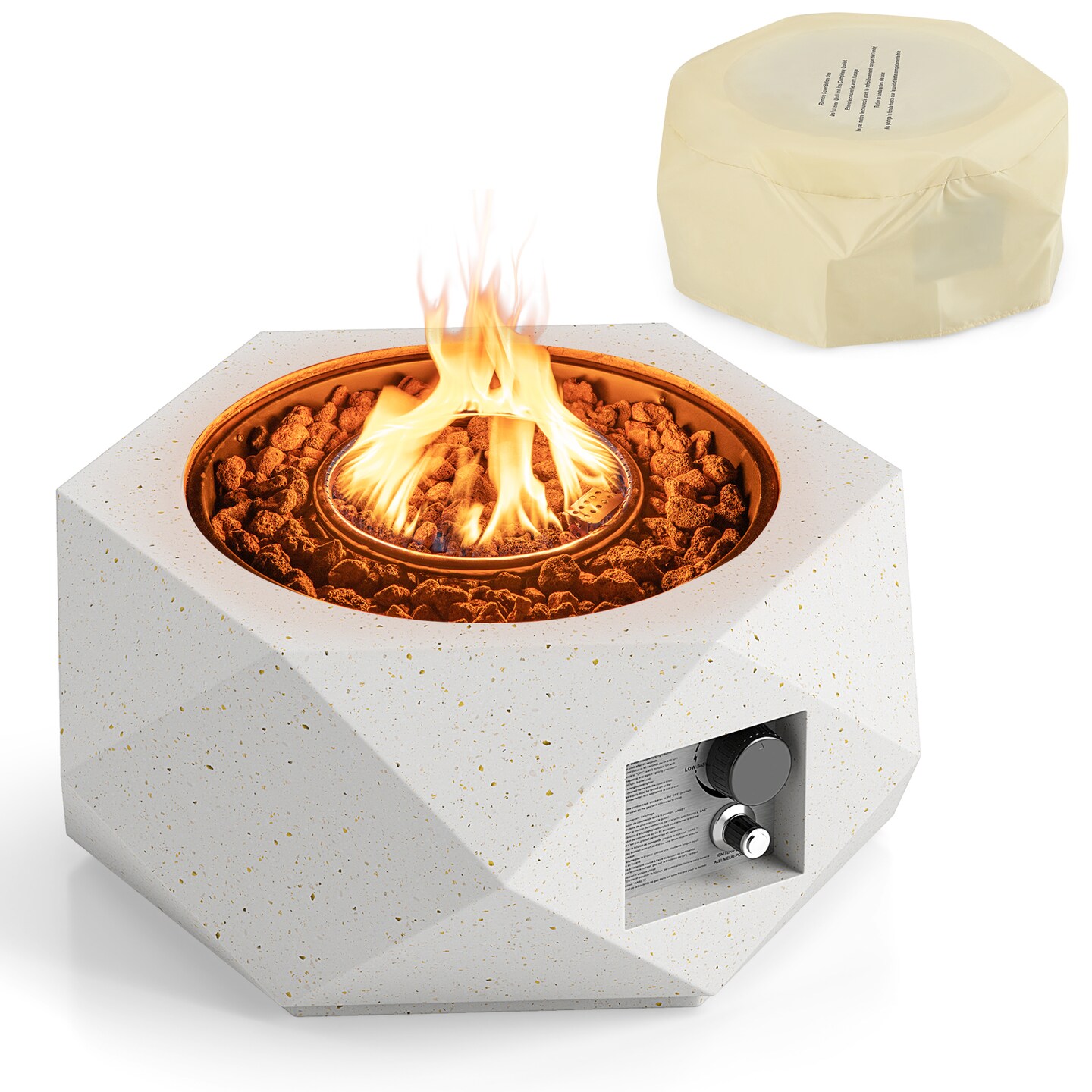 White Hexagon Terrazzo Fire Pit Table, 40,000 BTU and Stainless Steel Burner