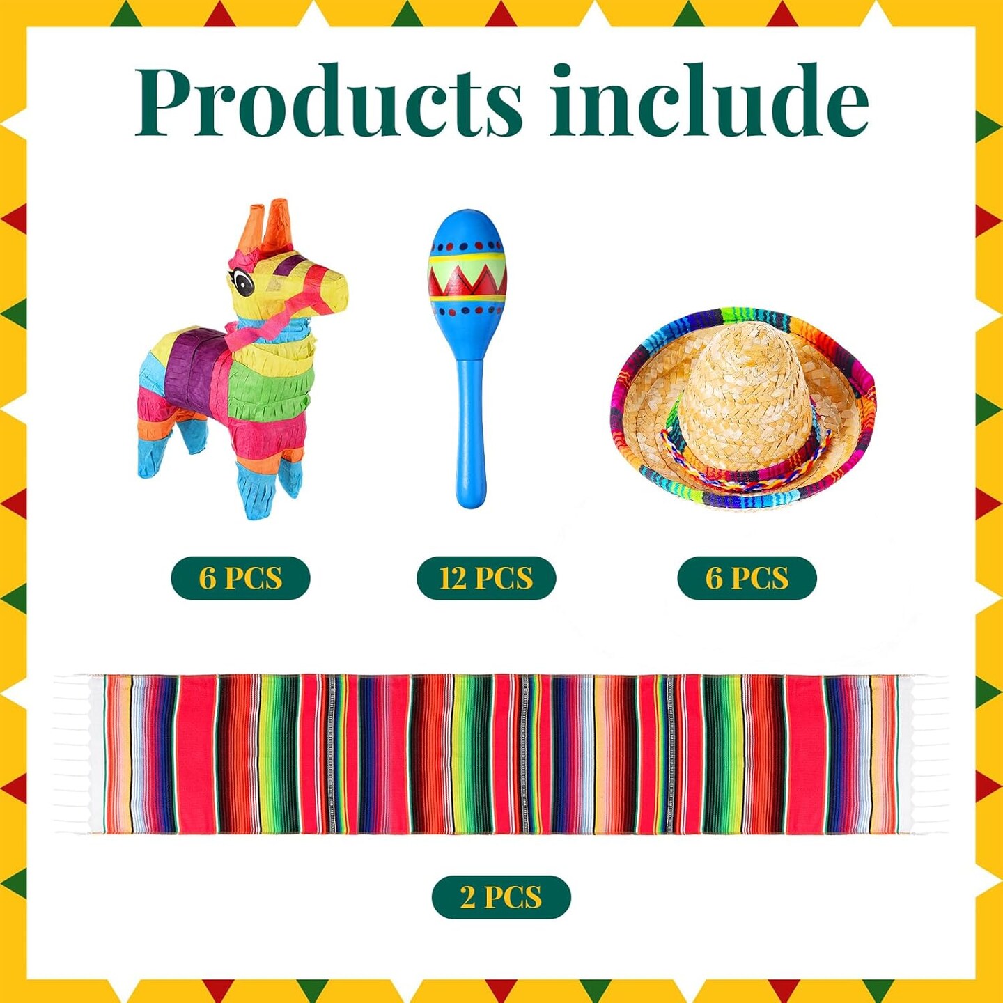 6 Pcs Mexican Decor Fiesta Decorations Include 6 Donkey Pinatas 12 Large Fiesta Maracas 2 Mexican Serape Table Runners 6 Mexican Sombrero Hats for Mexican Decorations Favors(Boho)