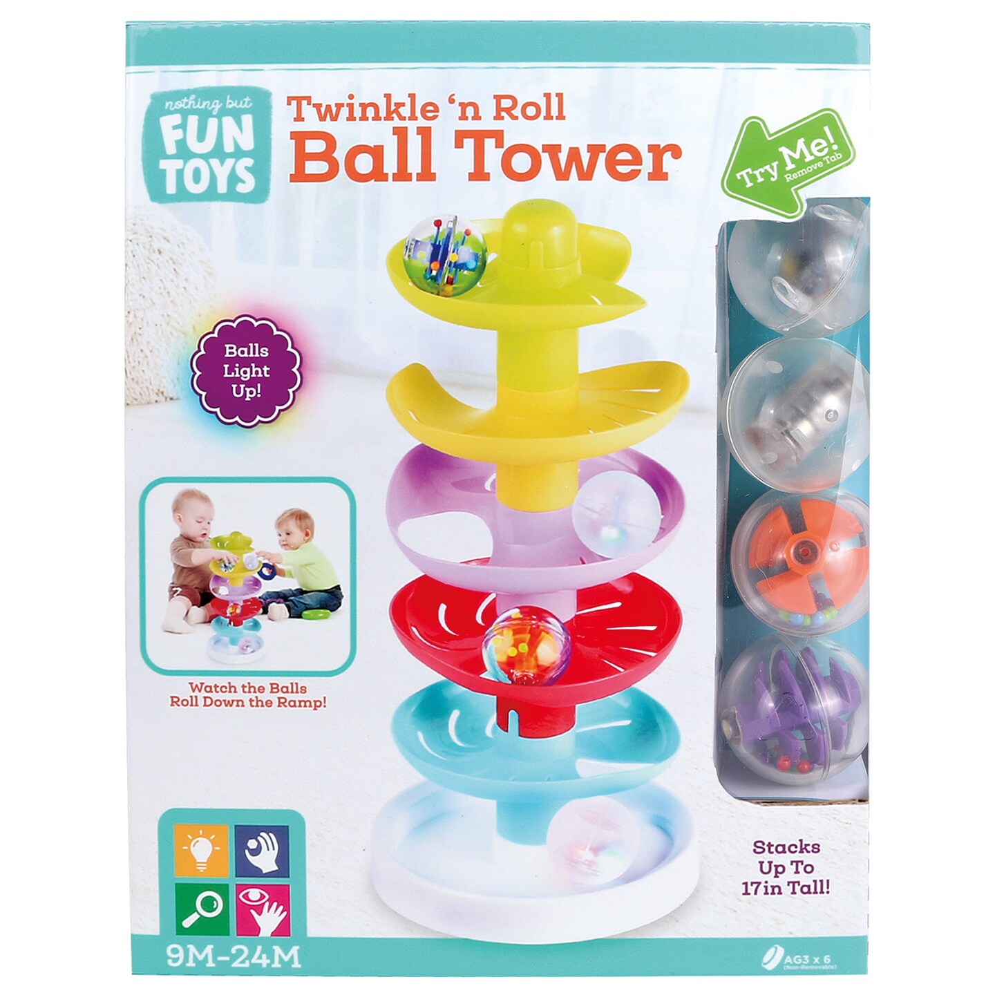 Nothing But Fun Toys: Twinkle N&#x27; Roll Ball Tower - 4 LED Light-Up Rattle Balls, Stack &#x26; Build 17&#x22; Tall Ramp, Light &#x26; Sounds, Baby &#x26; Toddlers 9 Mo+