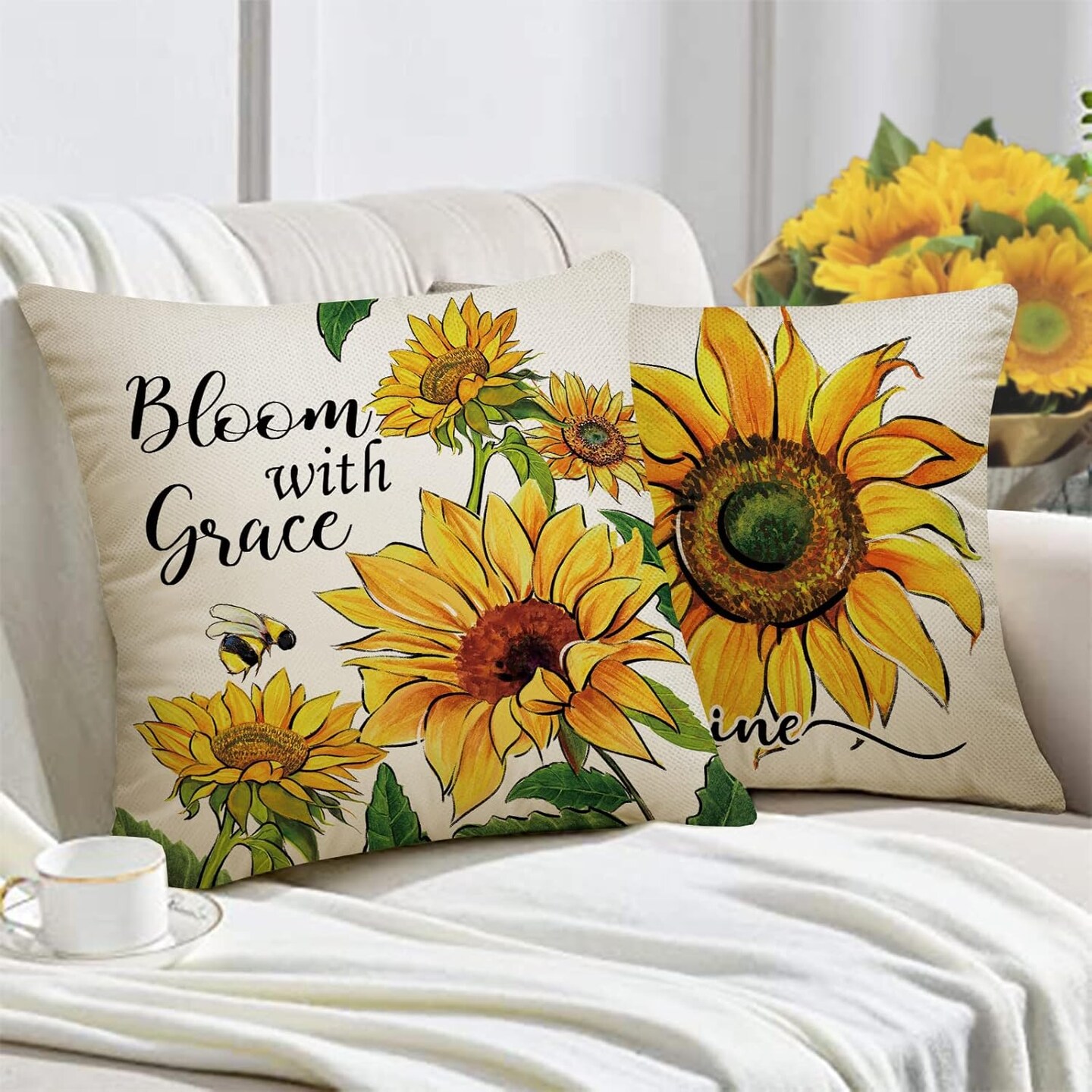 Sunflower Sunshine Decorative Throw Pillow Cover 18 x 18 Set of 4, Spring Summer Home Sweet Home Blessed Porch Patio Outdoor Pillowcase, Fall Autumn Flower Farmhouse Couch Cushion Case Decor