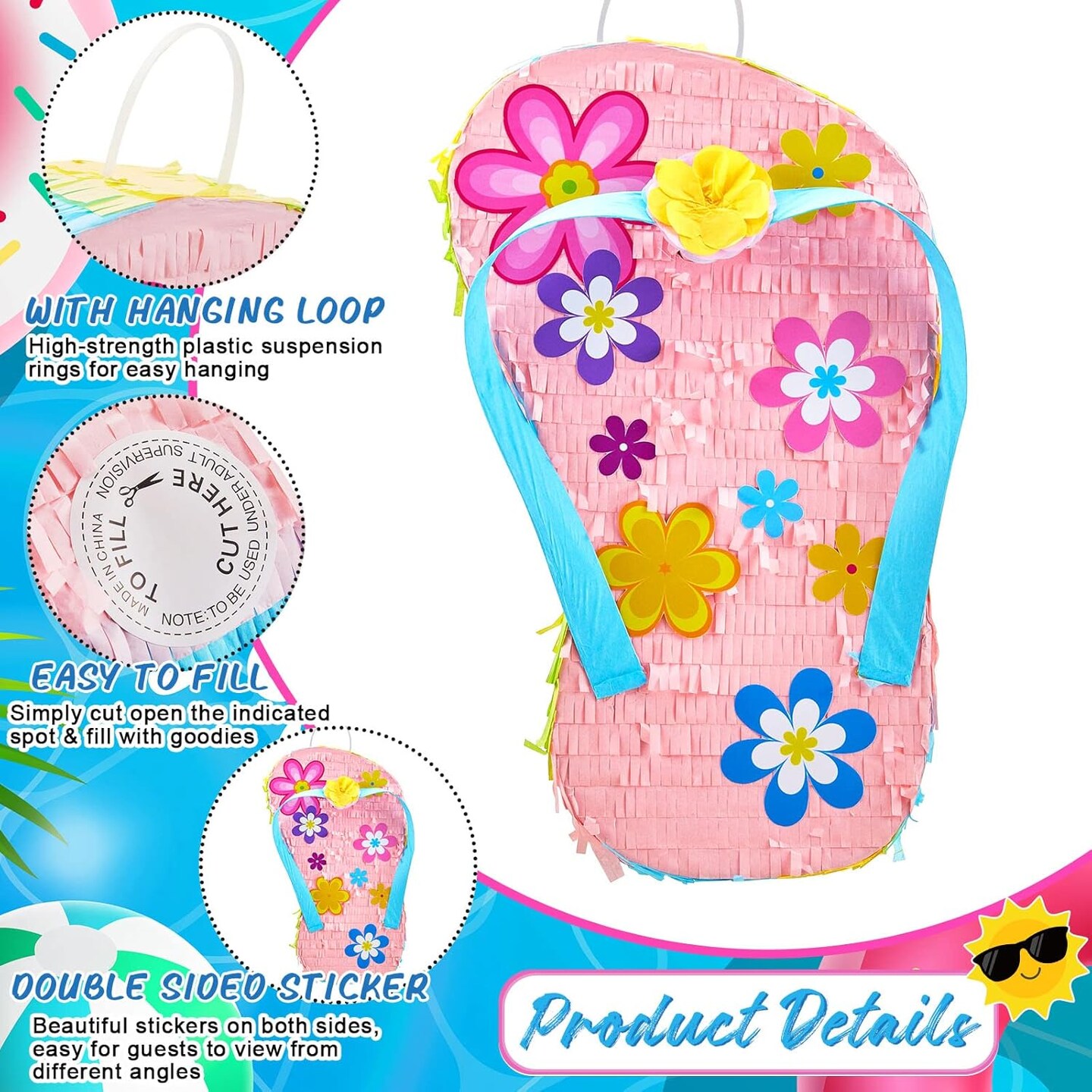Flip Flop Piñata Hawaiian Luau Party Decorations Piñata Iconic Summer Sandal Piñata with Blindfold Bat and Confetti