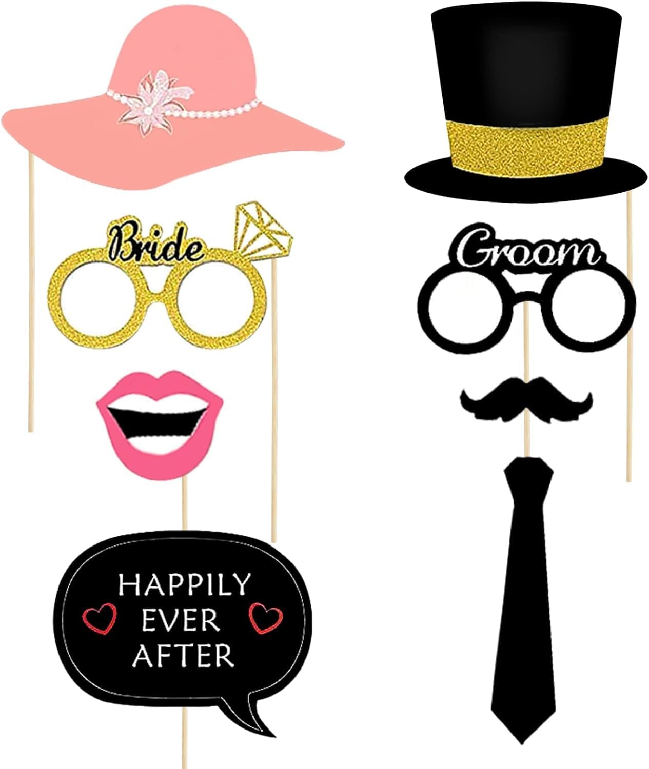 Wedding Photobooth Props Kit, Engagement Photo Booth Accessories with Wooden Dowels for Bridal Shower Wedding Favour Party Decorations Funny Selfie Props