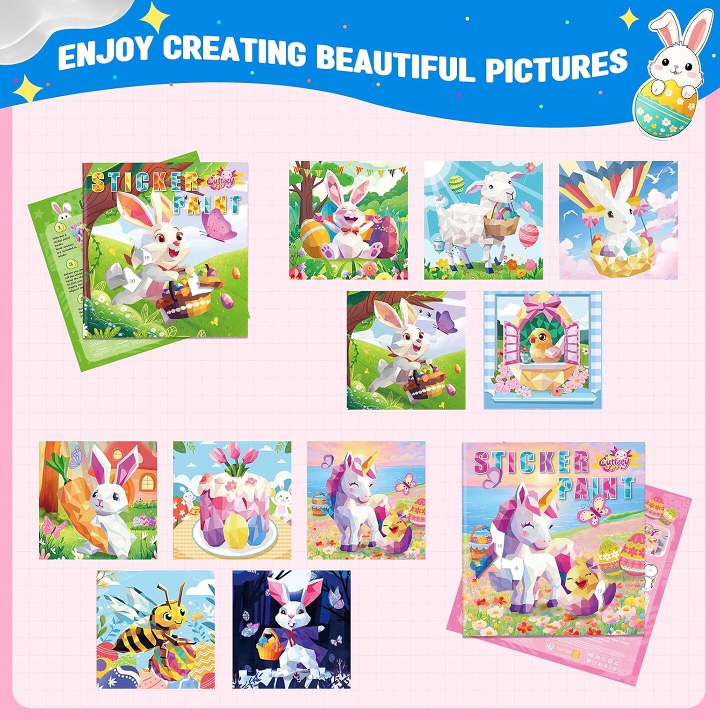 Paint by Number Sticker Book for Girls Kids - Road Trip &#x26; Airplane Activities Toys, Easter Basket Stuffers, Bunny Egg Unicorn, Birthday Gifts, Travel Essentials for Toddlers &#x26; Car Rides