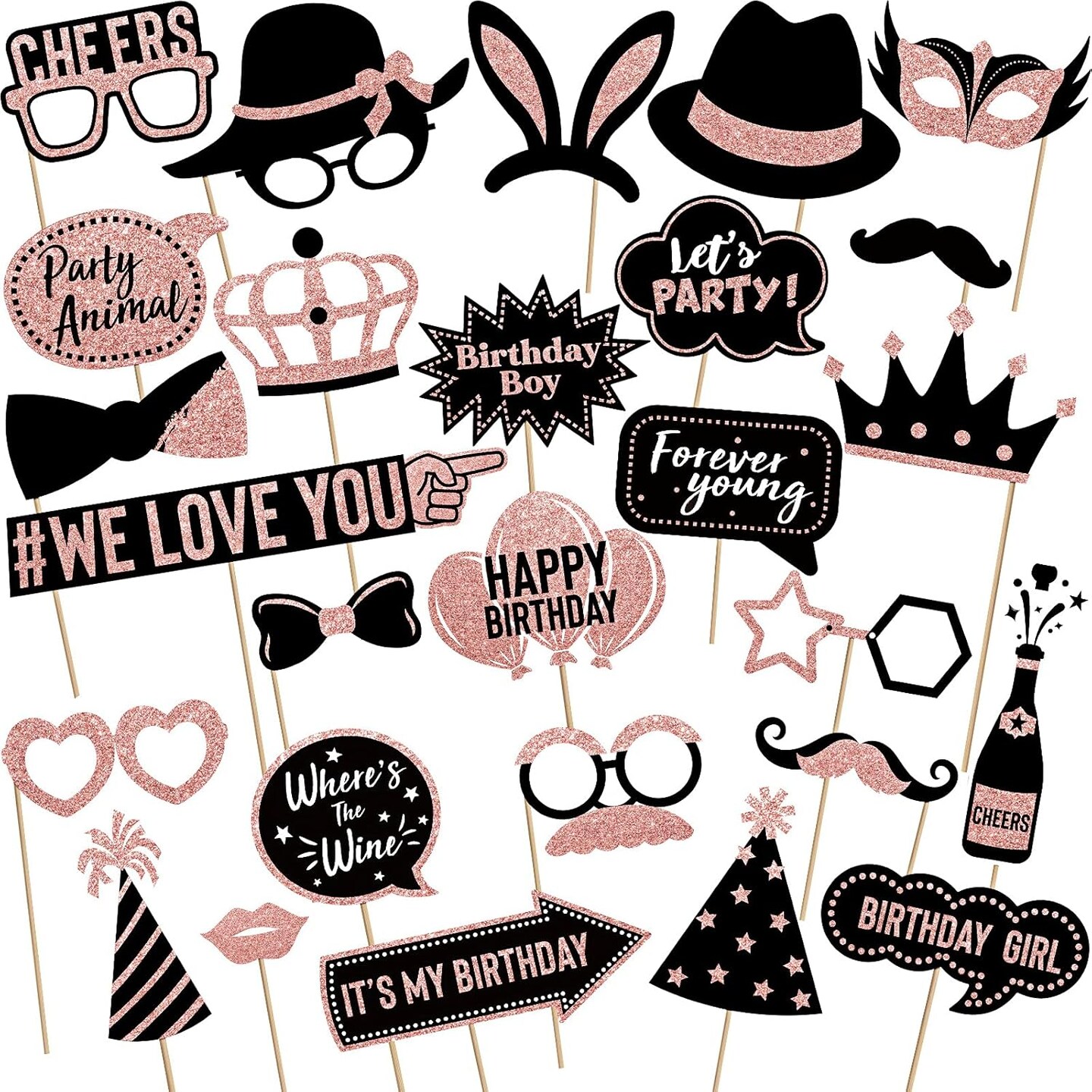 36 Pcs Gold Birthday Photo Booth Props, Large Gold Birthday Party Photobooth Props with Glitter for Woman Parties Supplies(Black, Rose Gold)