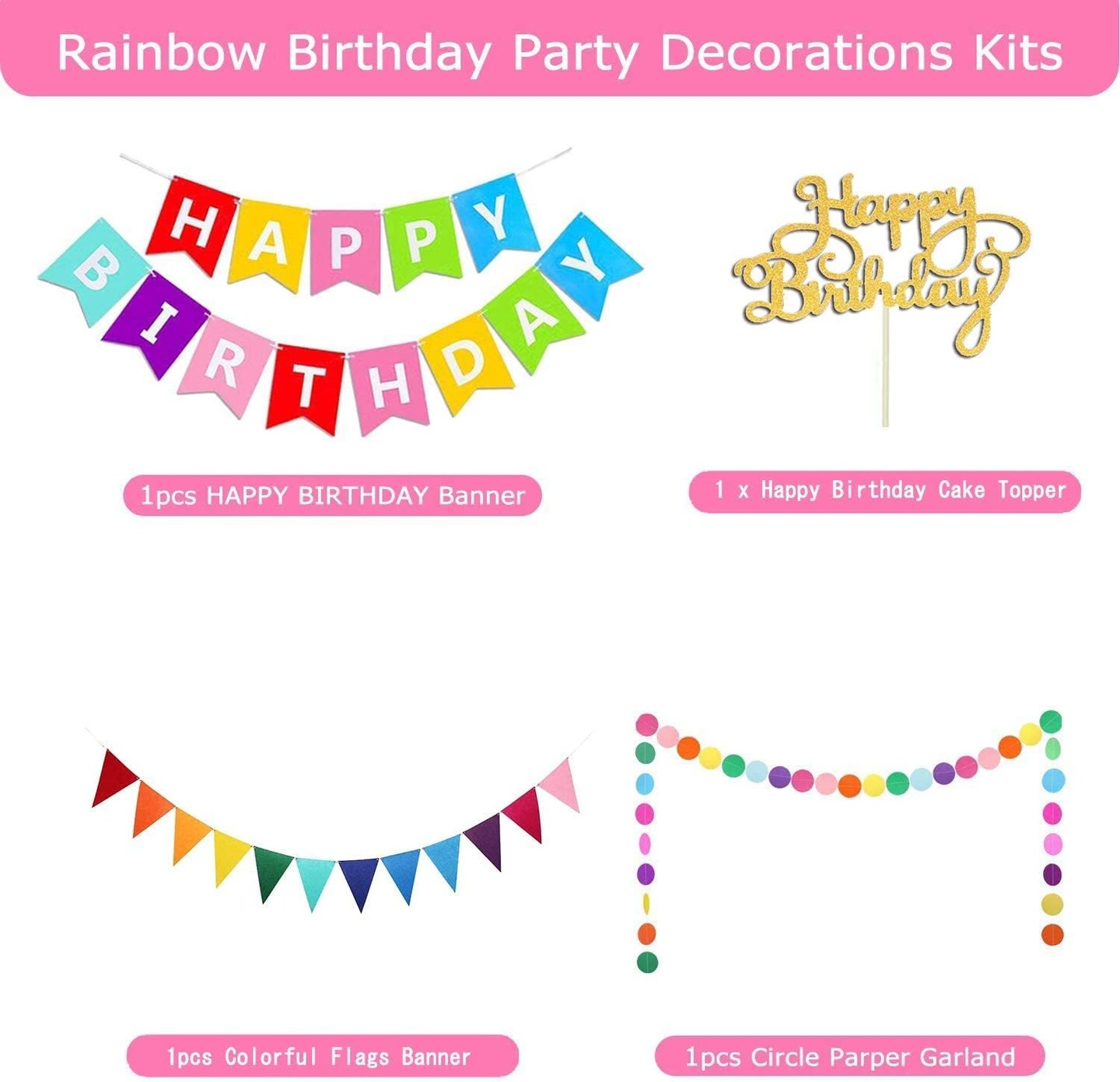 Happy Birthday Banner with Cake Topper, Rainbow Birthday Banner, Colorful Circle Paper Garland with Colorful Triangle Flags for Birthday Party Supplies
