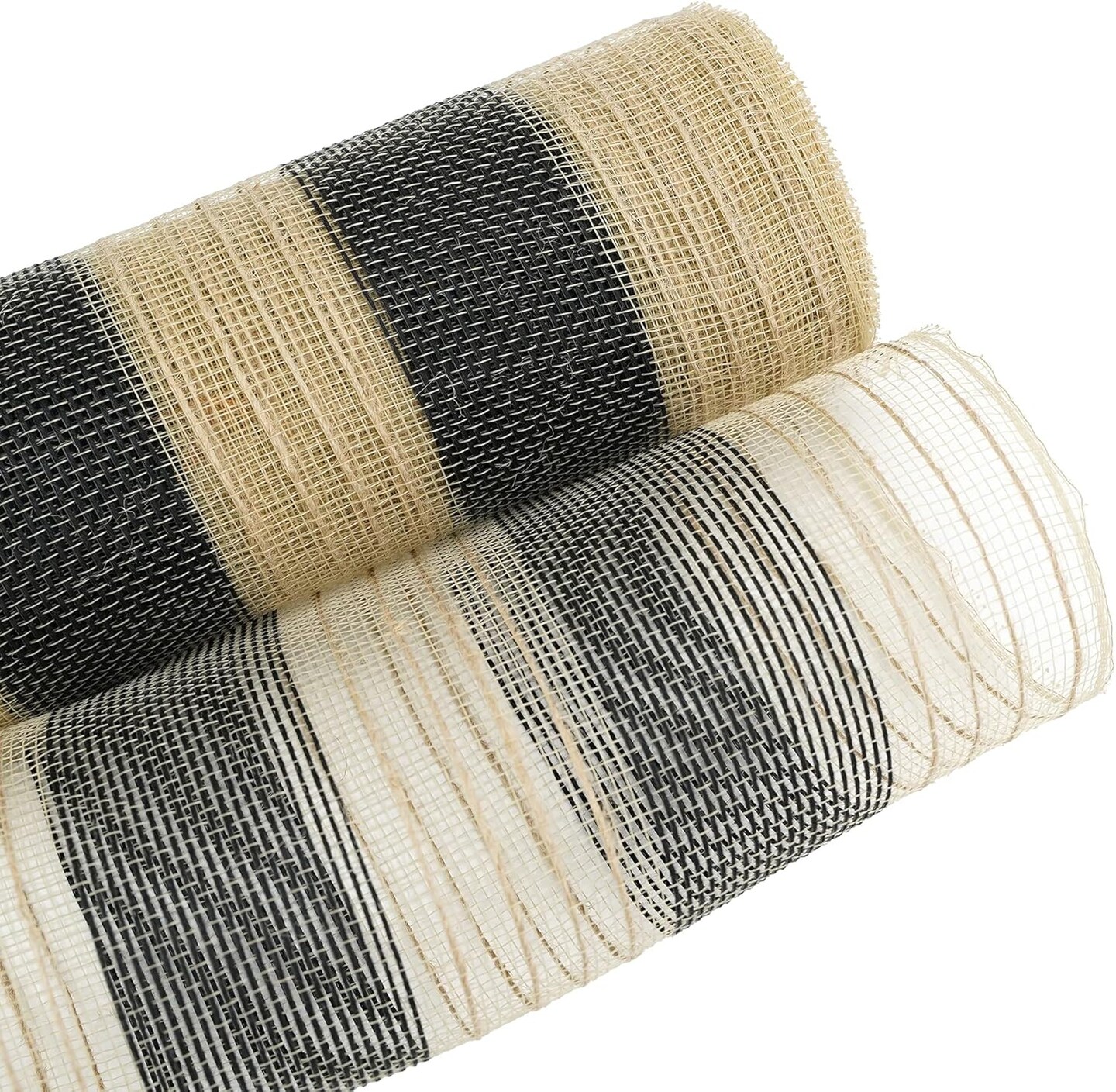 Jute Deco Mesh 10 Inch Jute Mesh Ribbon Natural and Black Wide Stripe Poly Mesh Ribbon