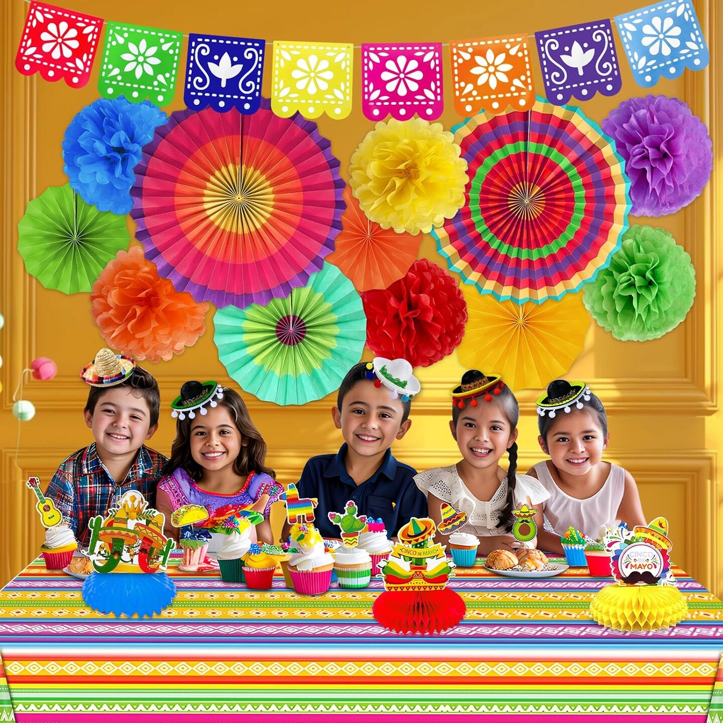 6 Varieties 23 Pcs Cinco De Mayo Fiesta Party Decorations, Mexican Themed Party Supplies Paper Fans Pom Poms Banner Table Runner Honeycomb Table Decor Cupcake Toppers for Taco Tuesday Luau Party Favor