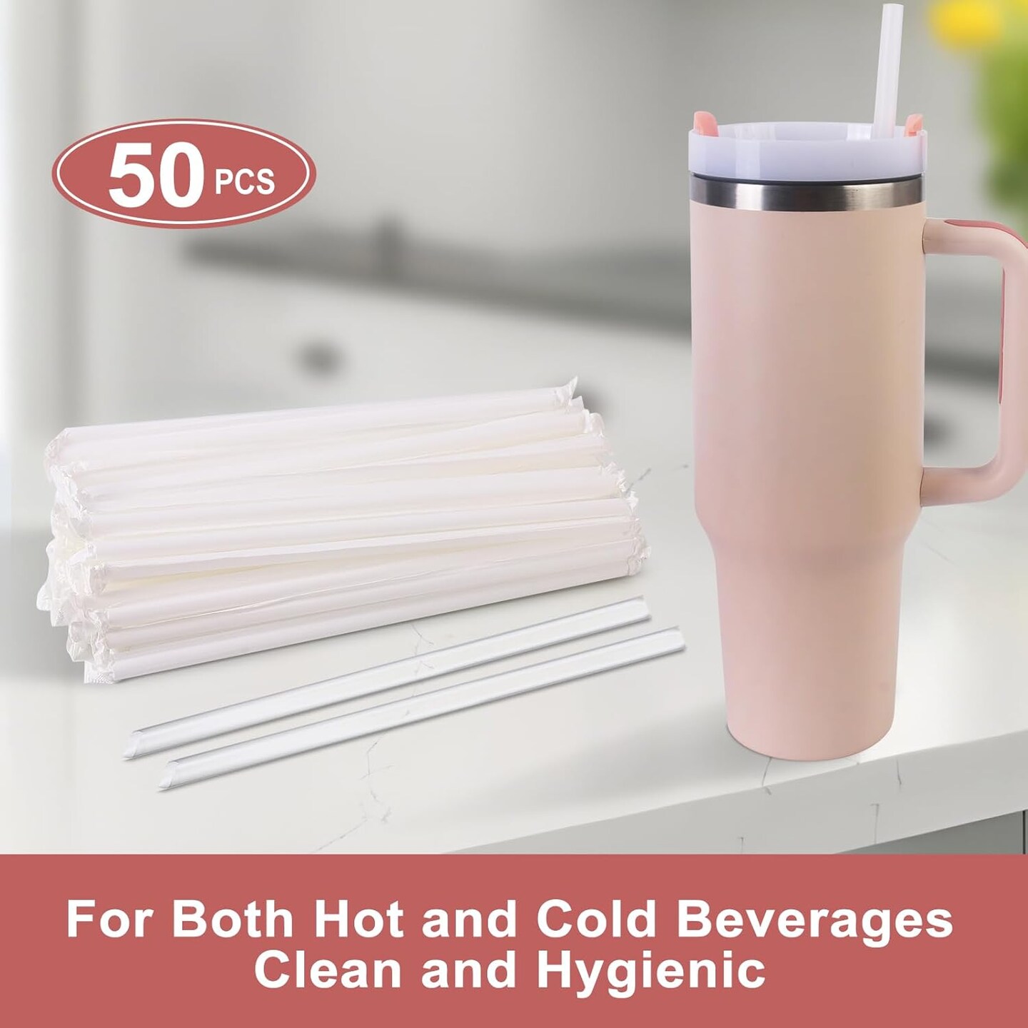 50PCS Disposable Straws for 40 OZ Tumbler, Extra Long Straws Disposable for Stanley Cup 30 Oz 40 Oz Tumbler, Individually Wrapped