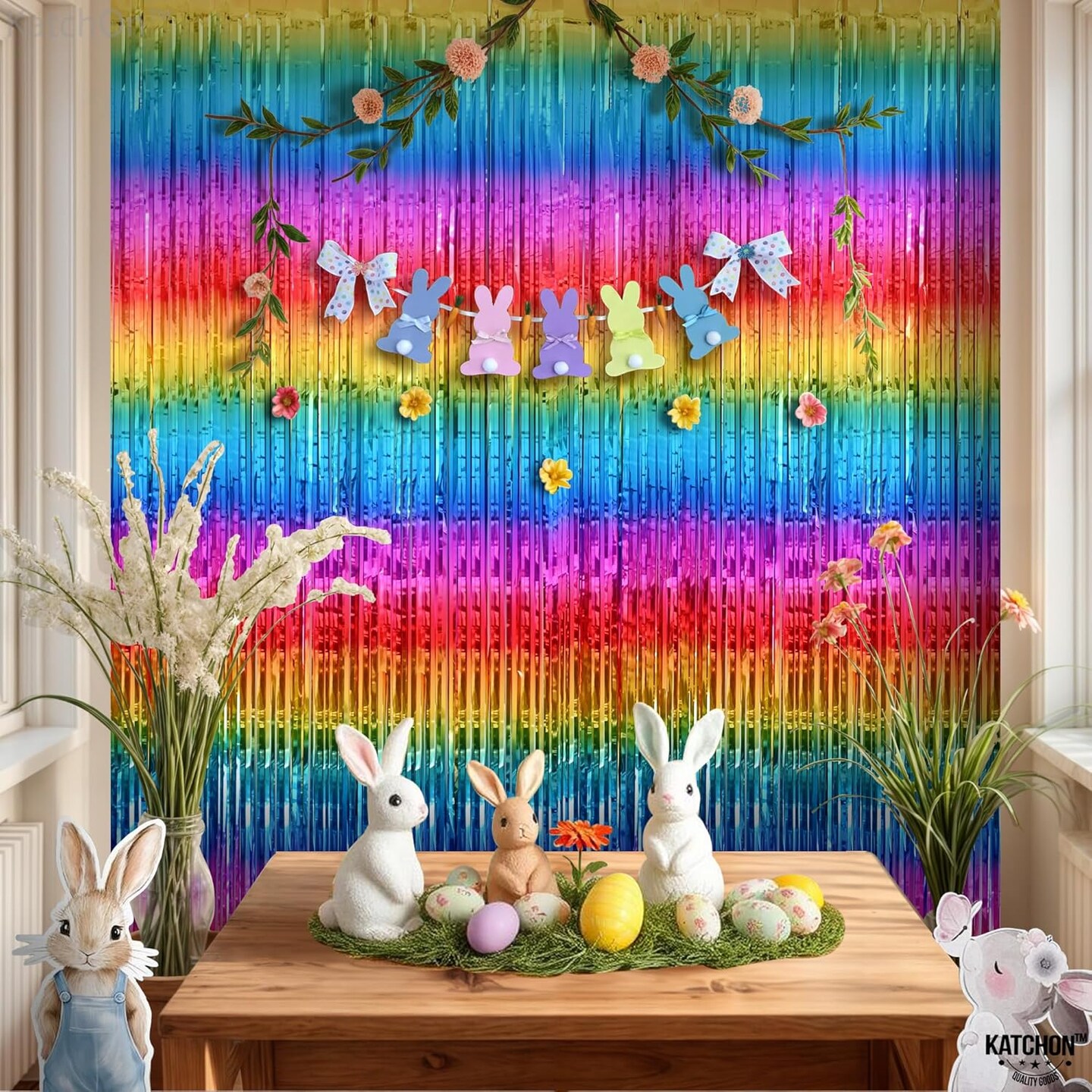 XtraLarge Rainbow Backdrop Curtain - 3.2x8 Feet, Pack of 2 | Rainbow Birthday Decorations | Easter Backdrop Curtain for Easter Decorations for Home | Rainbow Streamers for Pride Decorations