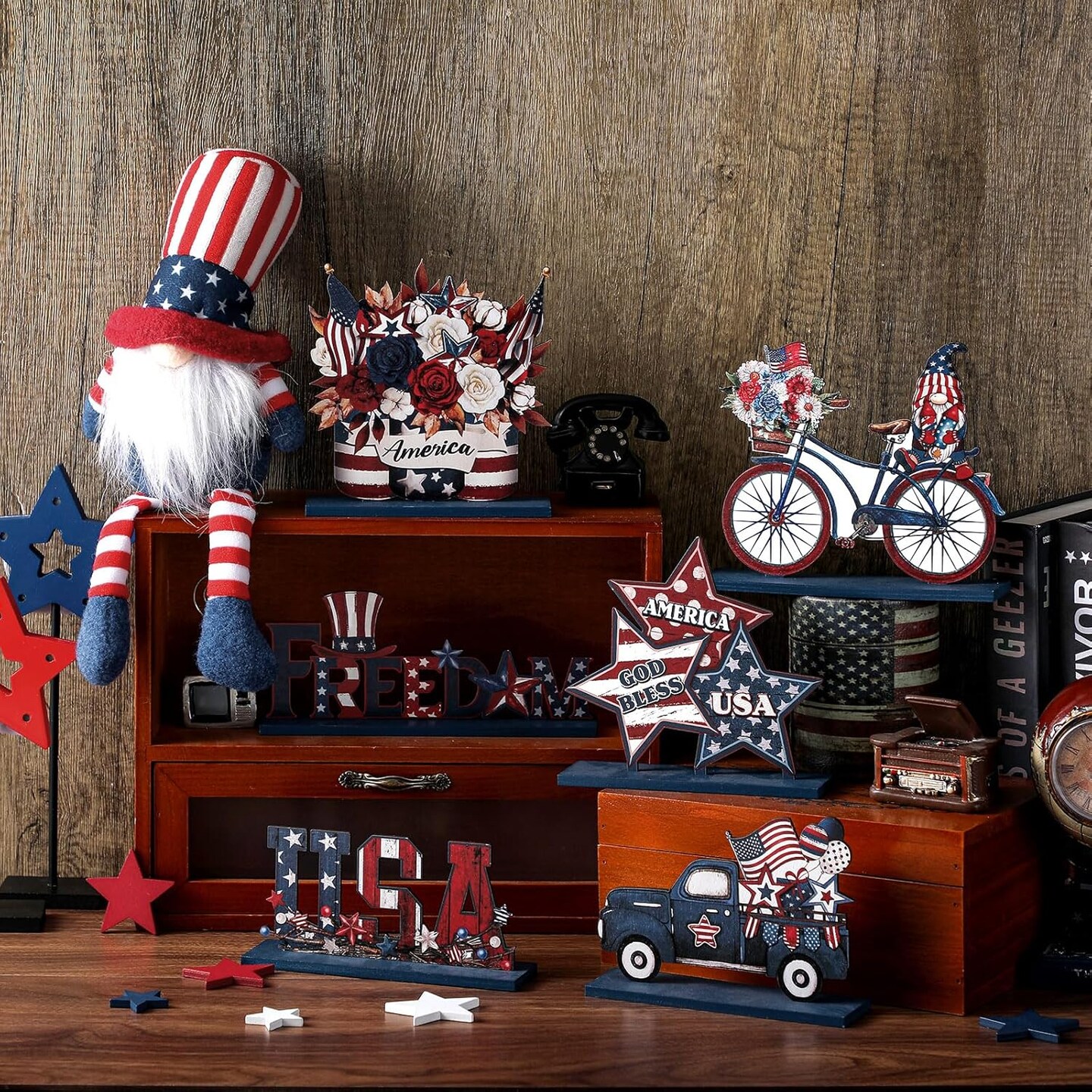 6 Pcs Memorial Day Wooden Table Decor Patriotic Wood Sign Tabletop Centerpiece Rustic USA Star Decorations for Office Desk Farmhouse Home Kitchen Tiered Tray Decor Shelves Table Decorations