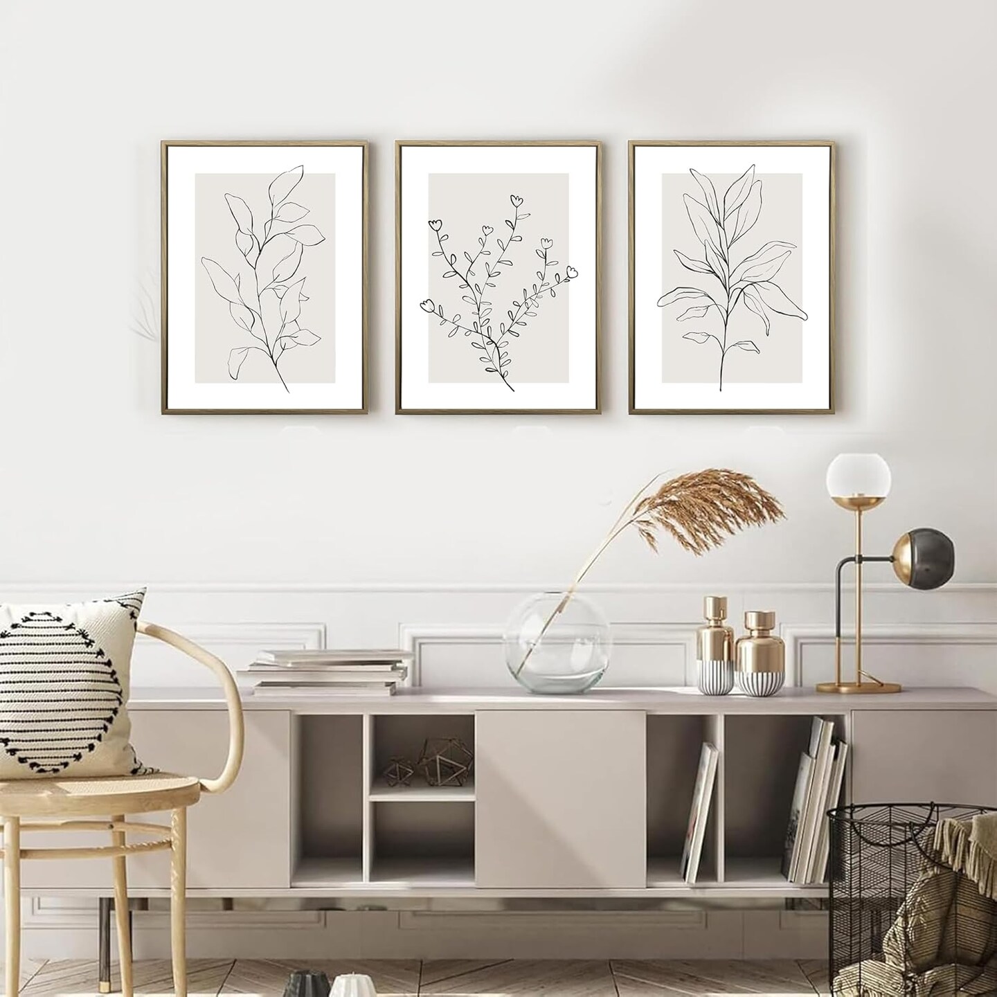 Summer Neutral Botanical Canvas Wall Decor, Minimalist Black Line Flower Poster Prints, Boho Beige Floral, Abstract Plant Leaf Aesthetic Picture for Bedroom and Living Room, Framed 12"x16" (Set of 3)