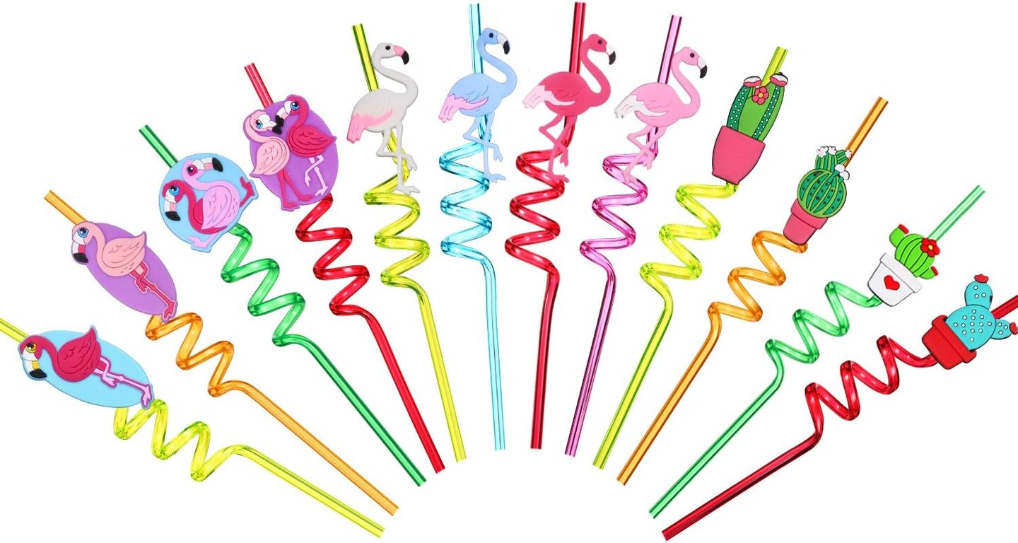 24 Flamingo Fruit Cactus Reusable Plastic Straws,Hawaiian Beach Cocktail Luau Party Decorations Supplies Favors