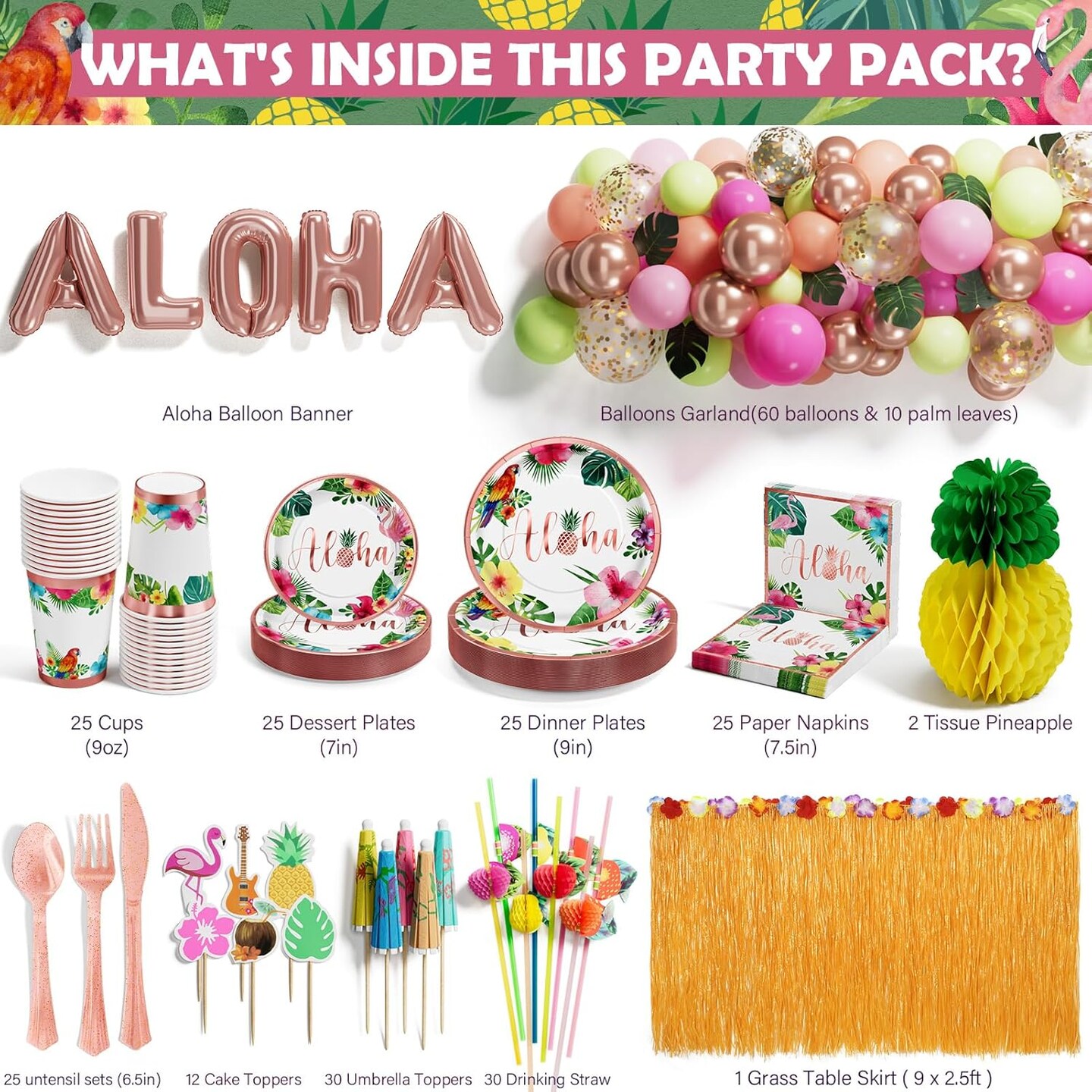 Hawaiian Luau Birthday Party Decorations 329PCS Tropical Aloha Rose Gold Party Supplies for Summer Beach Decor Disposable Dinnerware Set