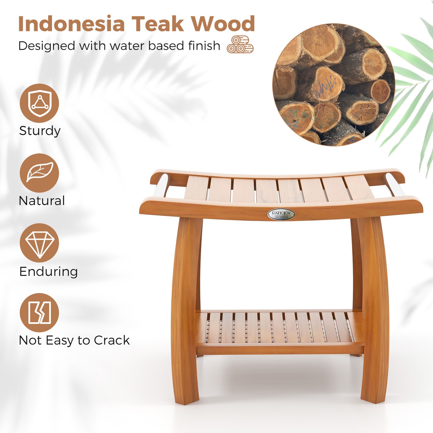 2-Tier Teak Wood Shower Bench Stool with Curved Seat and Handles Ideal Use as Plant Stand or Side Table