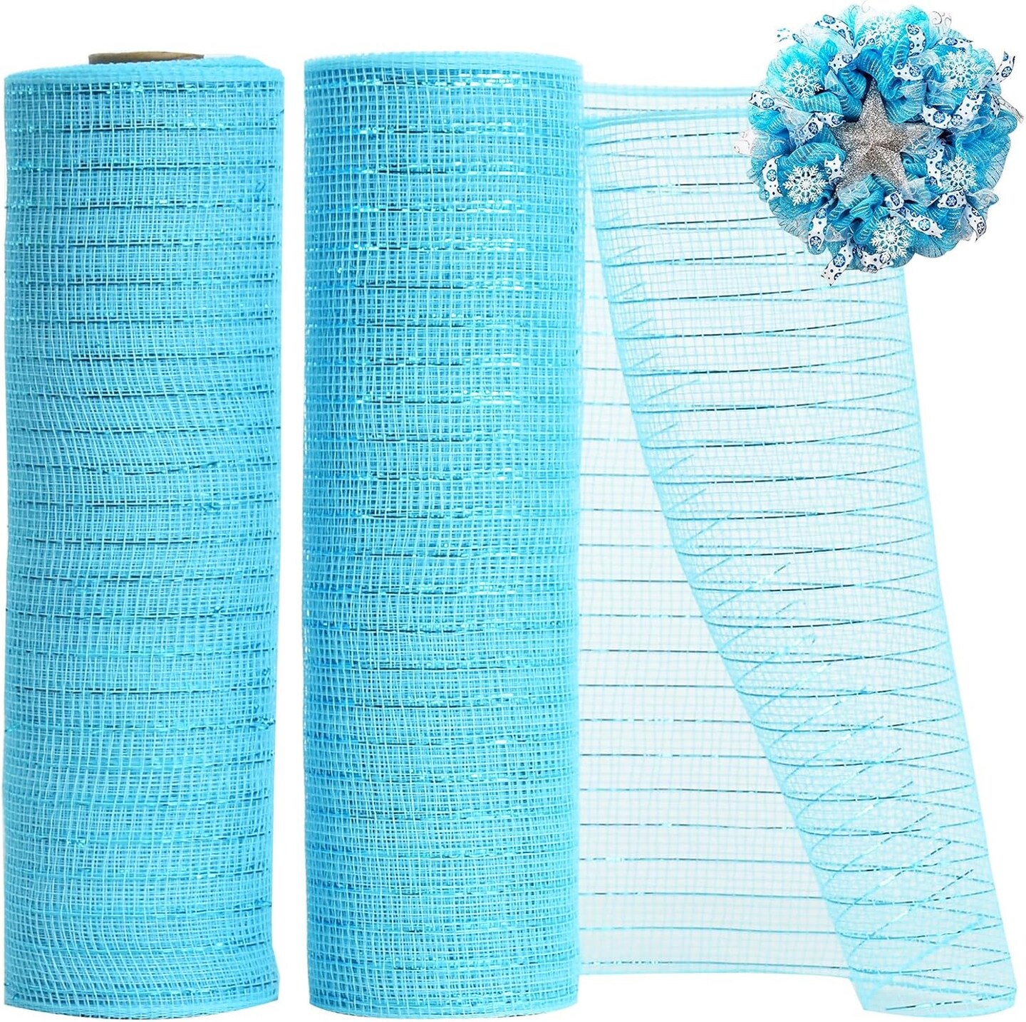 2 Rolls 10 Inch Light Blue Decorative Mesh Ribbbon Rolls, Fabric Mesh with Foil