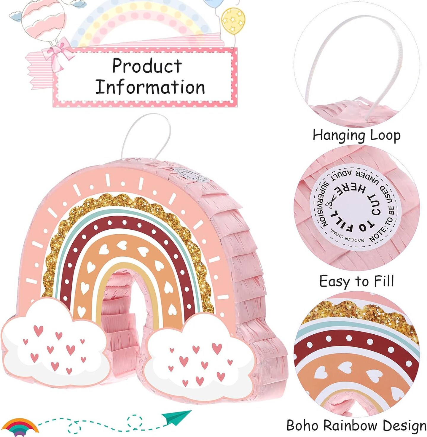 Rainbow Piñata Pink Rainbow Birthday Party Piñata with Bat Stick Blindfold Boho Theme Birthday Baby Shower Toys Games Party Supplies Decor