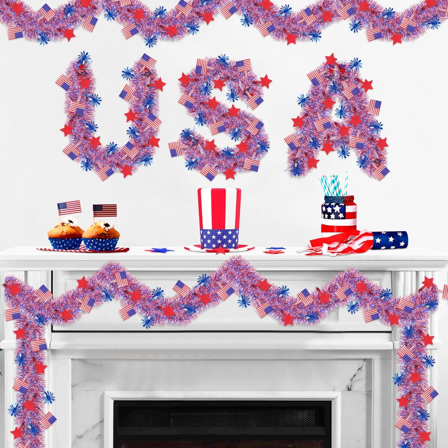 4th of July Decorations,33FT 4th of July Tinsel Garland with Star Firework American Flag, Patriotic Red White Blue Metallic Twist Garland for Home Tree Mantle Indoor Outdoor Parade Independence Day