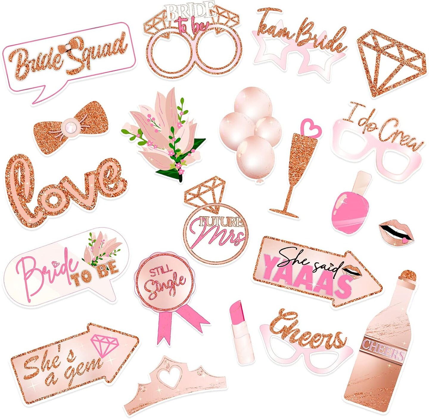 Bridal Shower Photo Booth Props Kit(21 Count), Rose Gold Wedding Hen Party Funny Selfie Props, Bride to Be Night Party Photo Props Decoration Accessories, with Bamboo Sticks& Stickers
