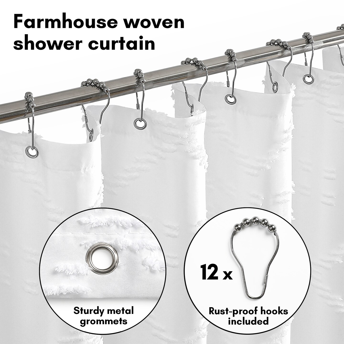 Americanflat 71x71 White Woven Shower Curtain with Tassel And Accents - Includes 12 Grommets and Hooks - 100% Polyester