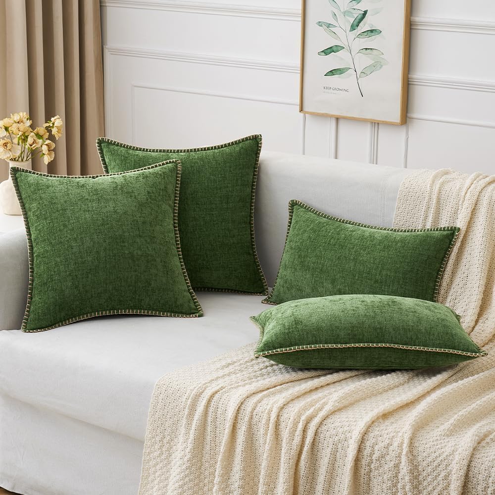 Pack of 2 Pillow Covers 18x18 Inch Moss Green Farmhouse Decorative Throw Pillow Covers with Stitched Edge Soft Chenille Solid Dyed Couch Pillow Covers for Sofa Bed Living Room