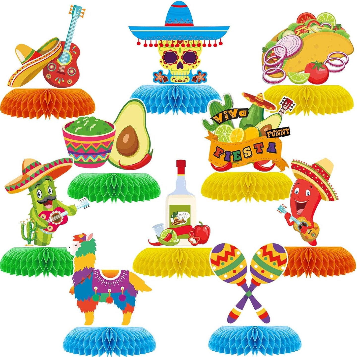 10pcs Mexican Cinco de Mayo Honeycomb Table Centerpieces Party Decorations,3D Double Side Toppers Paper Fans Mexican Fiesta Theme Taco Bout Birthday Party Decor Supplies