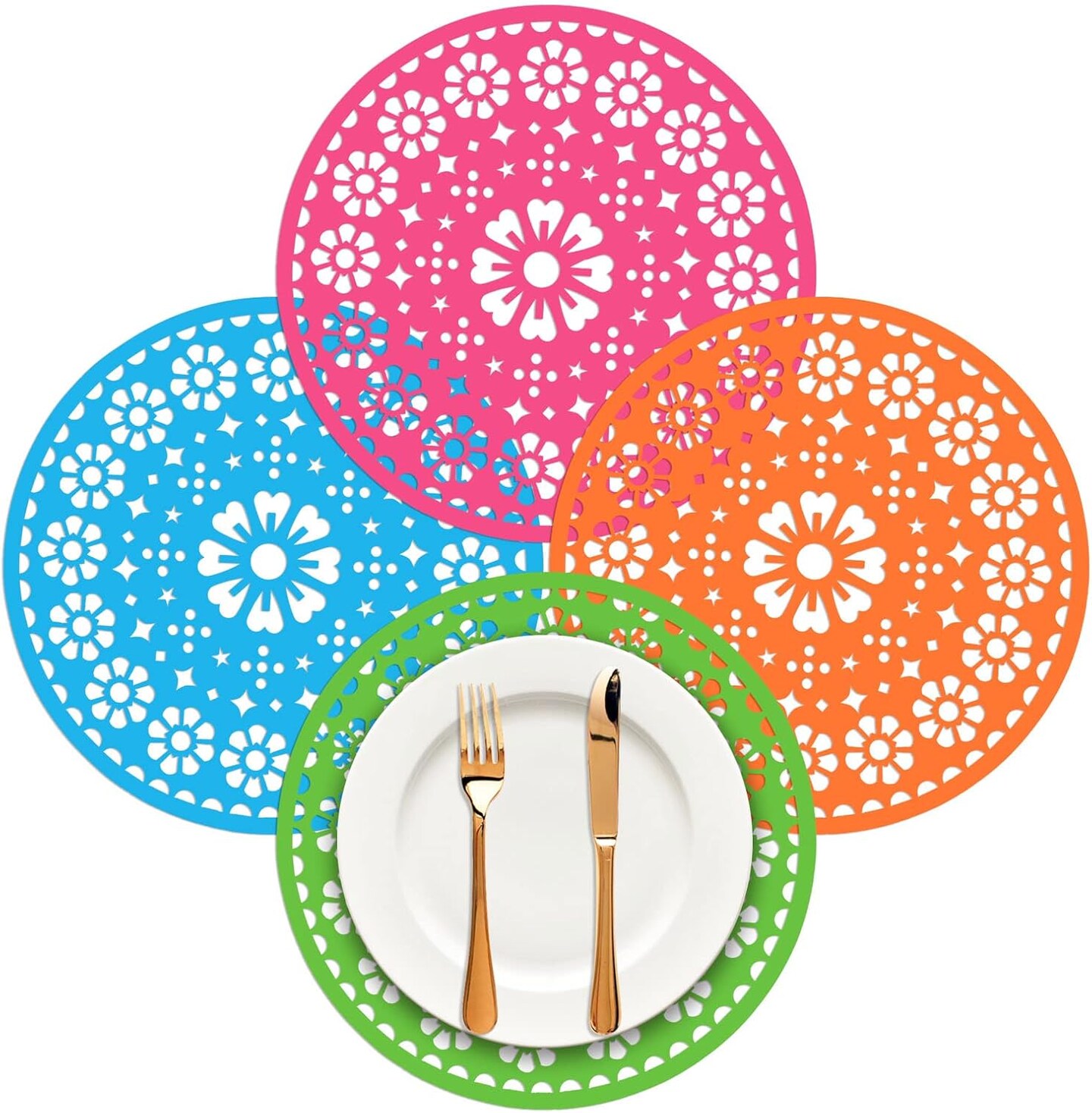32 Pieces Fiesta Paper Place Mats 14&#x22; Mexican Papel Picado Cinco De Mayo Disposable Placemat Round Paper Doilies Cutouts for Mexican Party Supplies Tableware Decoration