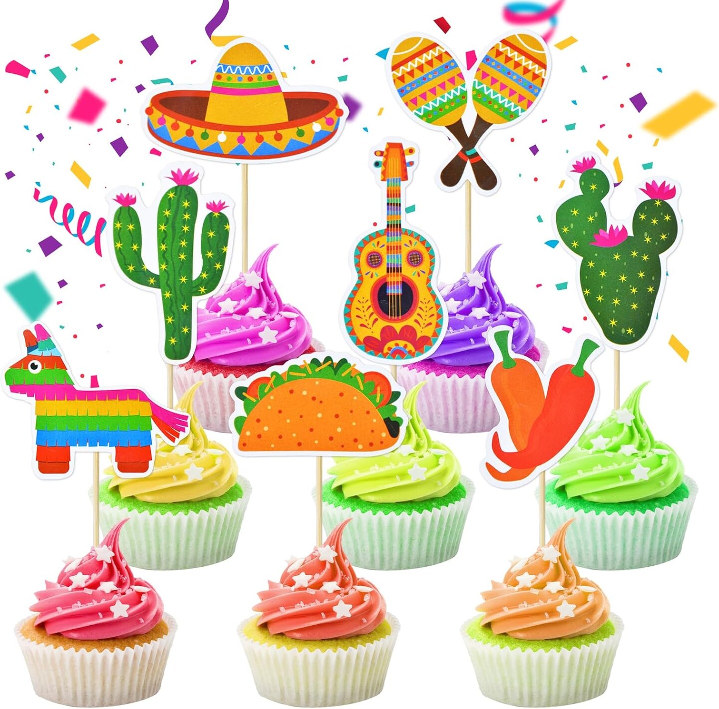 32 Pcs Mexican Fiesta Cupcake Toppers - Cactus Sombrero Maraca Guitar Taco Pi&#xF1;ata Chili Pepper Cupcake Picks Mexican Fiesta Theme Cinco de Mayo Birthday Party Cake Decorations Supplies