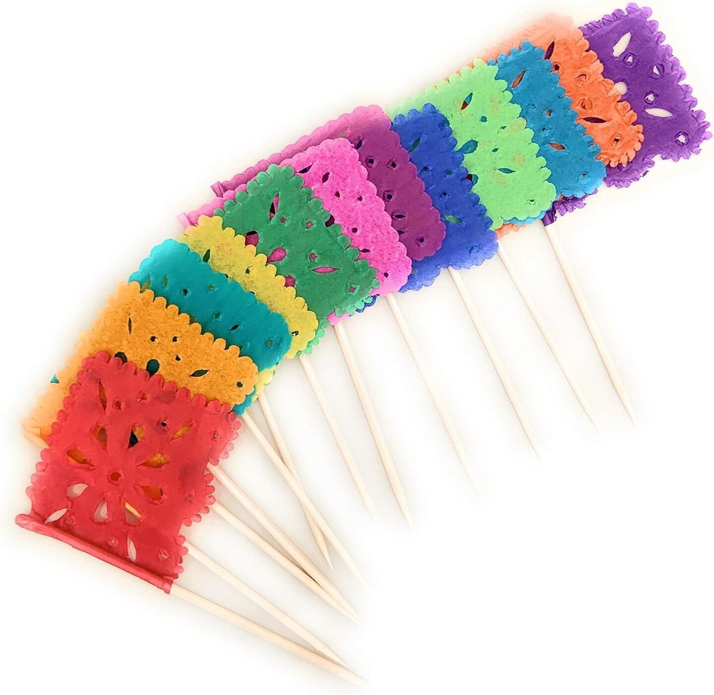 Set of 24 Pcs Multi-Colored Mini Mexican Paper Papel Picado Tissue Banner Flags Banderita s Fiesta Party Decorations Cupcake Topper Party Banderines Flower Design