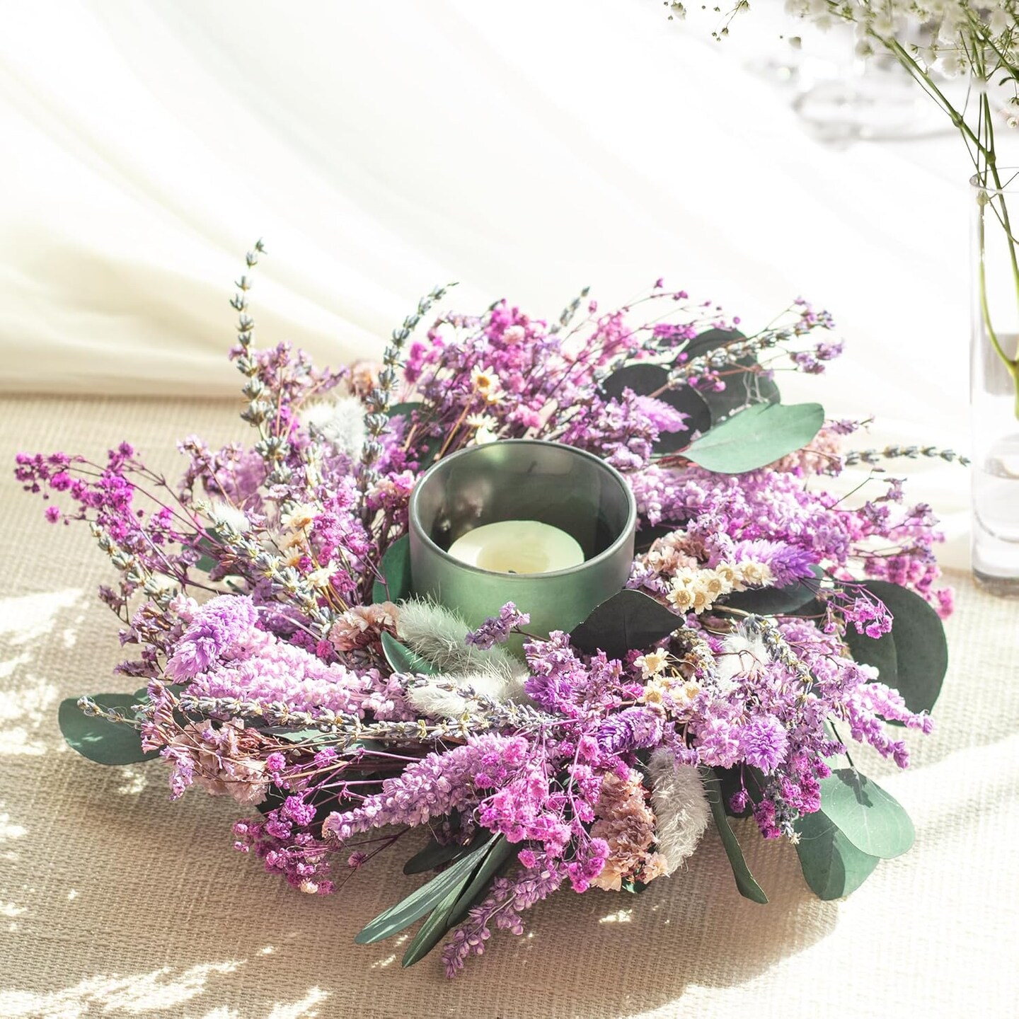 Natural Dried Flowers Wreath 10-Inch Purple Lavender Candle Ring Table Centerpiece Small Spring Lavender Wreath for Cabinate Wall Window Door