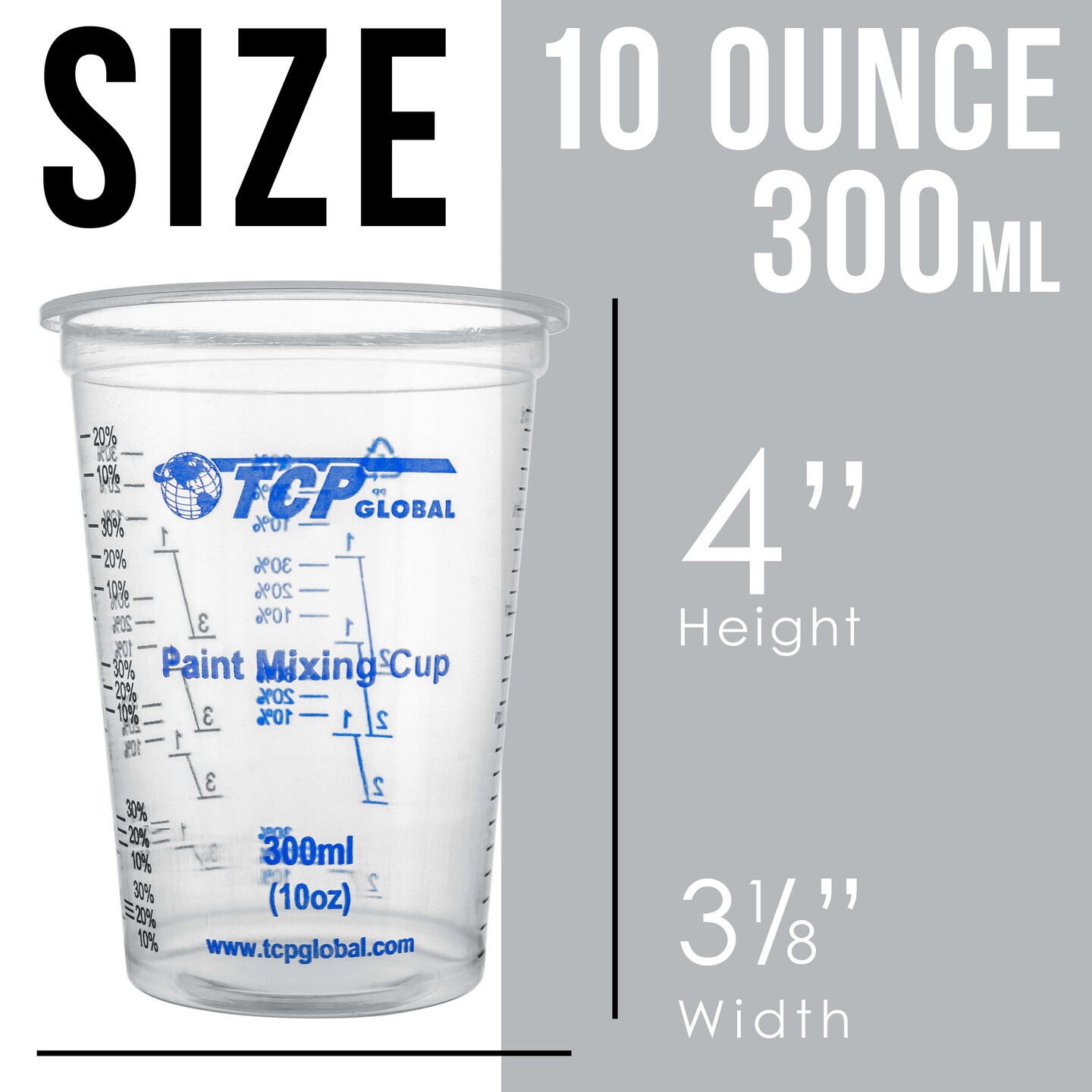 TCP Global 10 Ounce (300ml) Disposable Flexible Clear Graduated Plastic Mixing Cups - Box of 100 Cups &#x26; 50 Mixing Sticks - Use for Paint, Resin, Epoxy