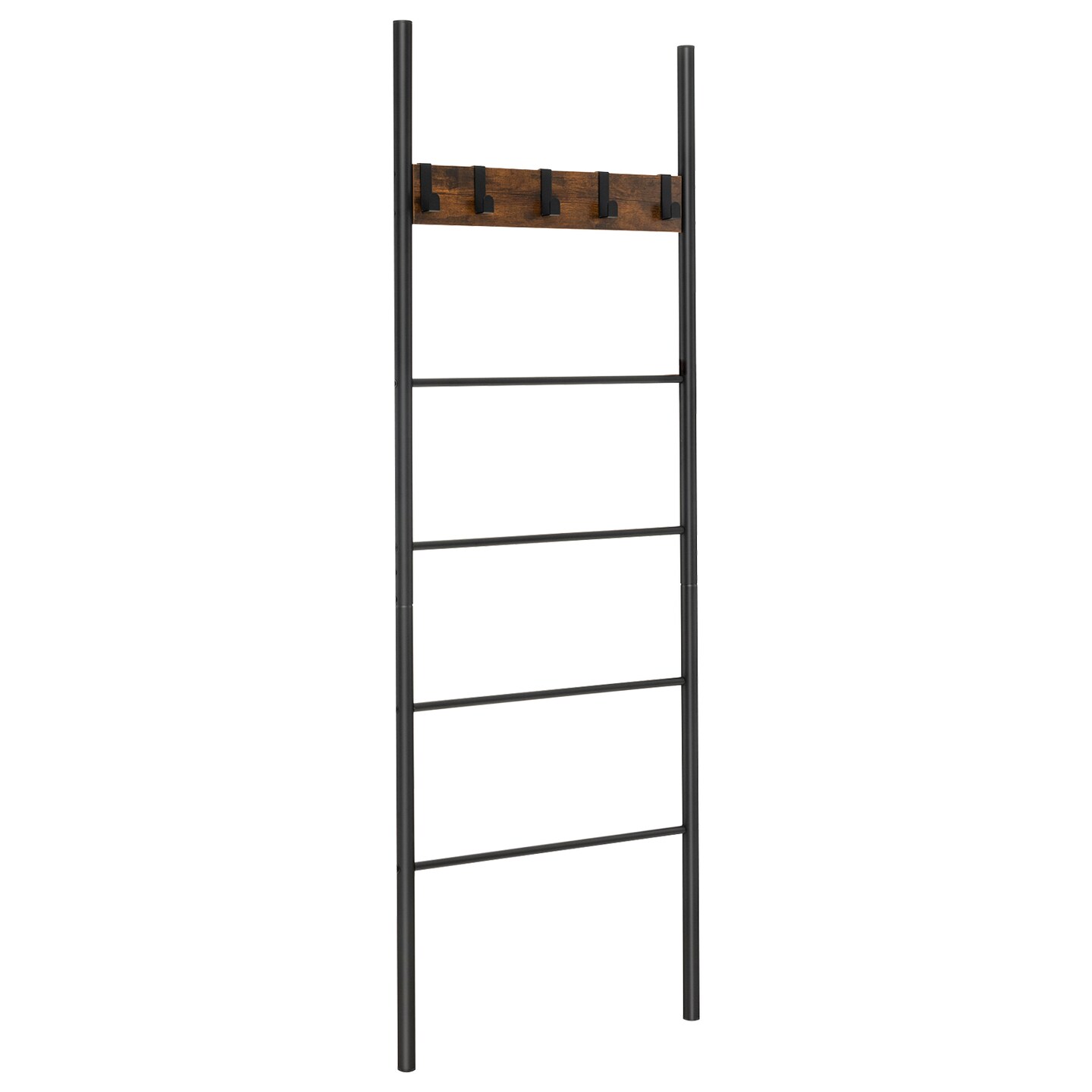 Black Wall-Leaning Decorative Blanket Holder with 5 Removable Hooks and Ladder Shelf