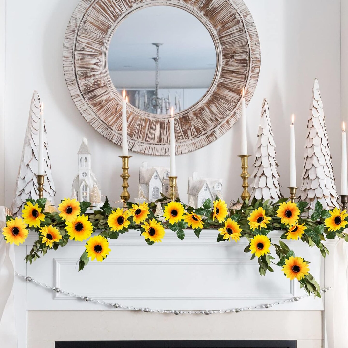 Summer 10 Pack Artificial Sunflower Garland &#x2013; 7ft Silk Sunflowers with Green Leaves for Room, Kitchen, Garden, Wedding Arch, and Outdoor Party Decor