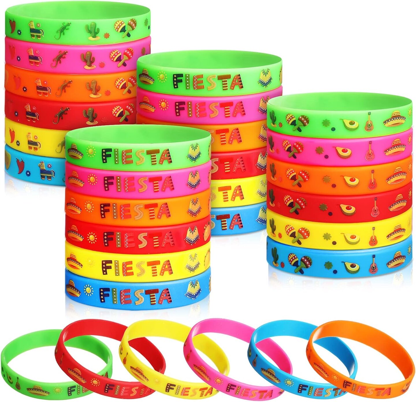 24 Pcs Mexican Fiesta Party Favors, Cinco De Mayo Gifts, Mexican Bracelets with Taco Cactus Pi&#xF1;ata Pattern for taco party favors(Fiesta)