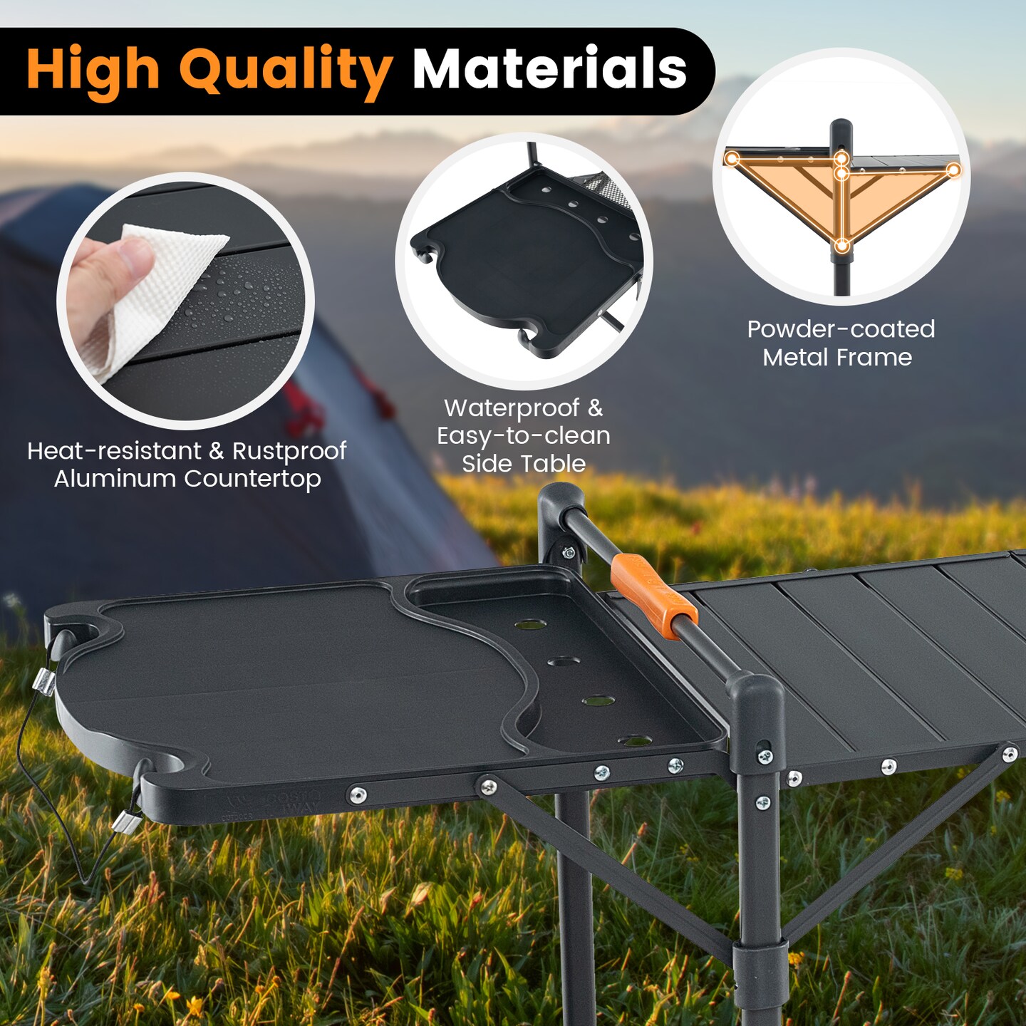 Black Foldable Portable Outdoor Cook Station with X-Shaped Frame and Aluminum Tabletop