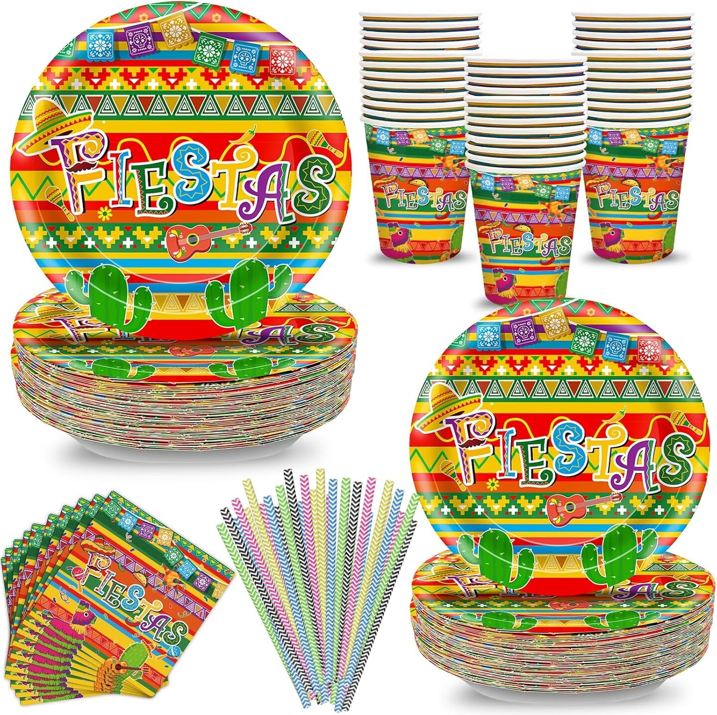 180 Pcs Cinco De Mayo Decorations for 36 Guests, Fiestas Mexican Tableware Set Include 9&#x27;&#x27; and 7&#x27;&#x27; Plates, Napkins, Straws, Cups Mexican Theme Party Supplies for Birthday Carnivals Taco Party Favors