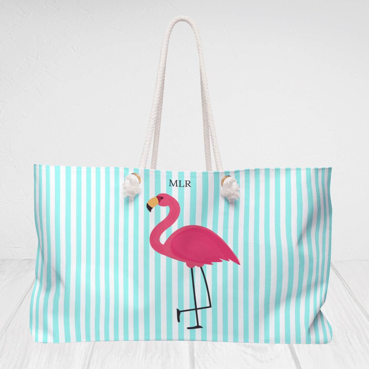 Pink Flamingo Striped Personalized Beach Tote Bag with Rope