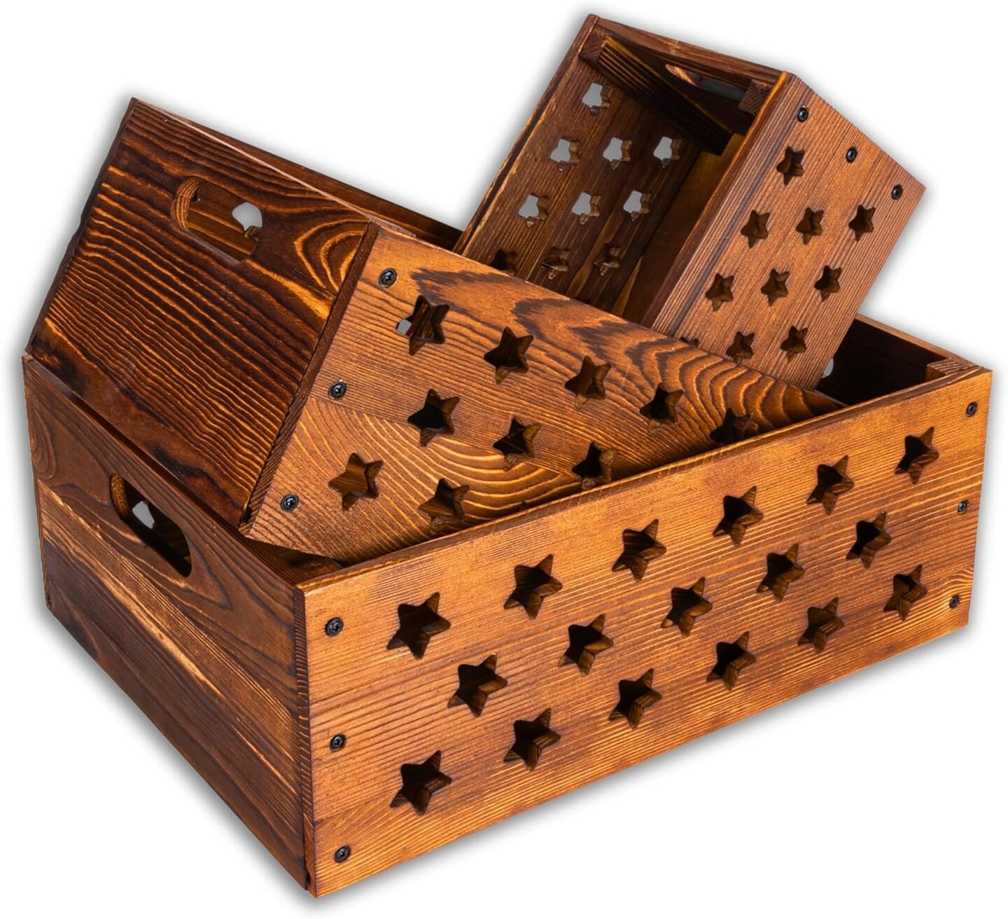Set of 3 Decorative Nesting Wooden Crates with Handles