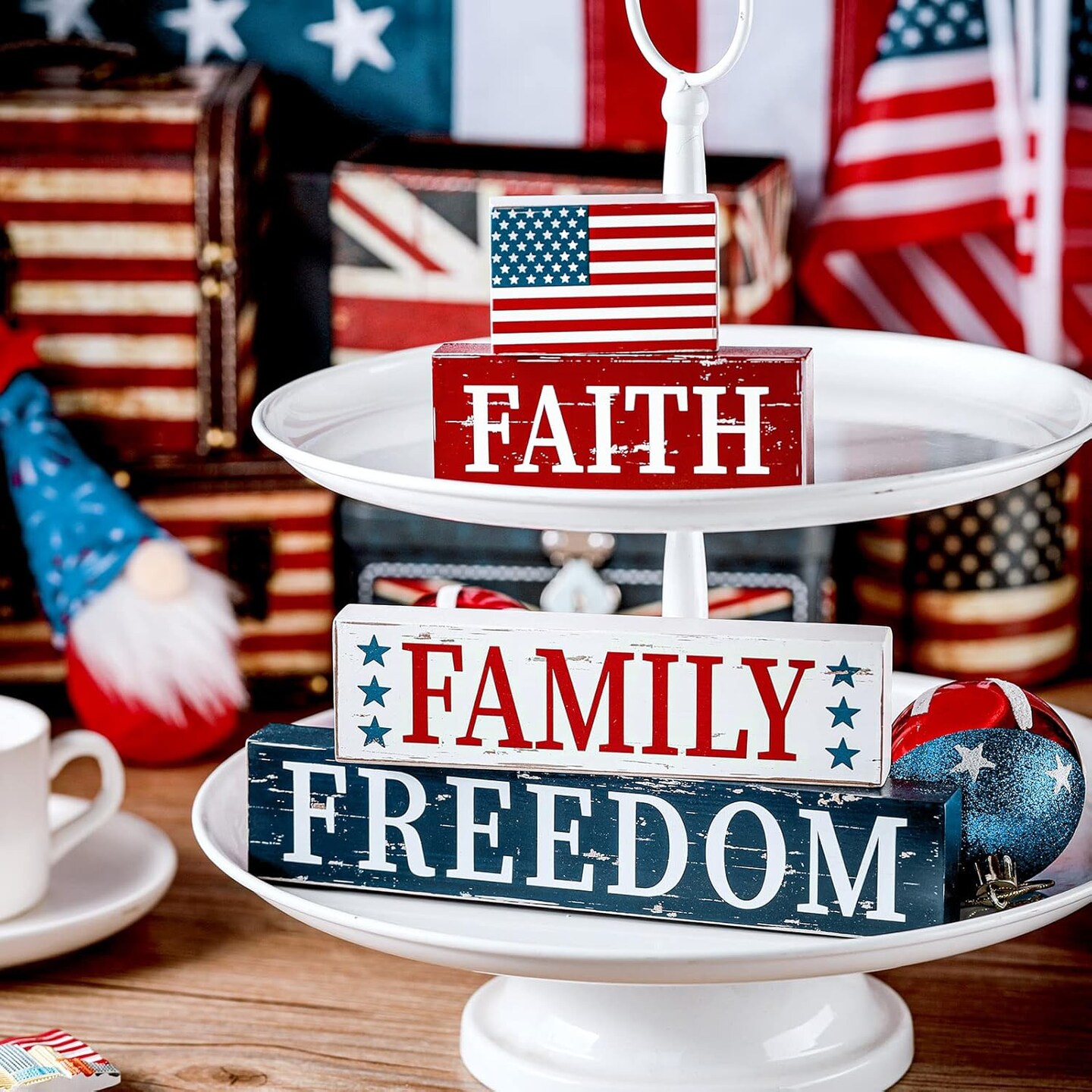 4 Pieces 4th of July Wooden Block Patriotic American Wood Sign Independence Day Tiered Tray Decorations Patriotic Wood Decor for Home Table Decoration, 4 Sizes