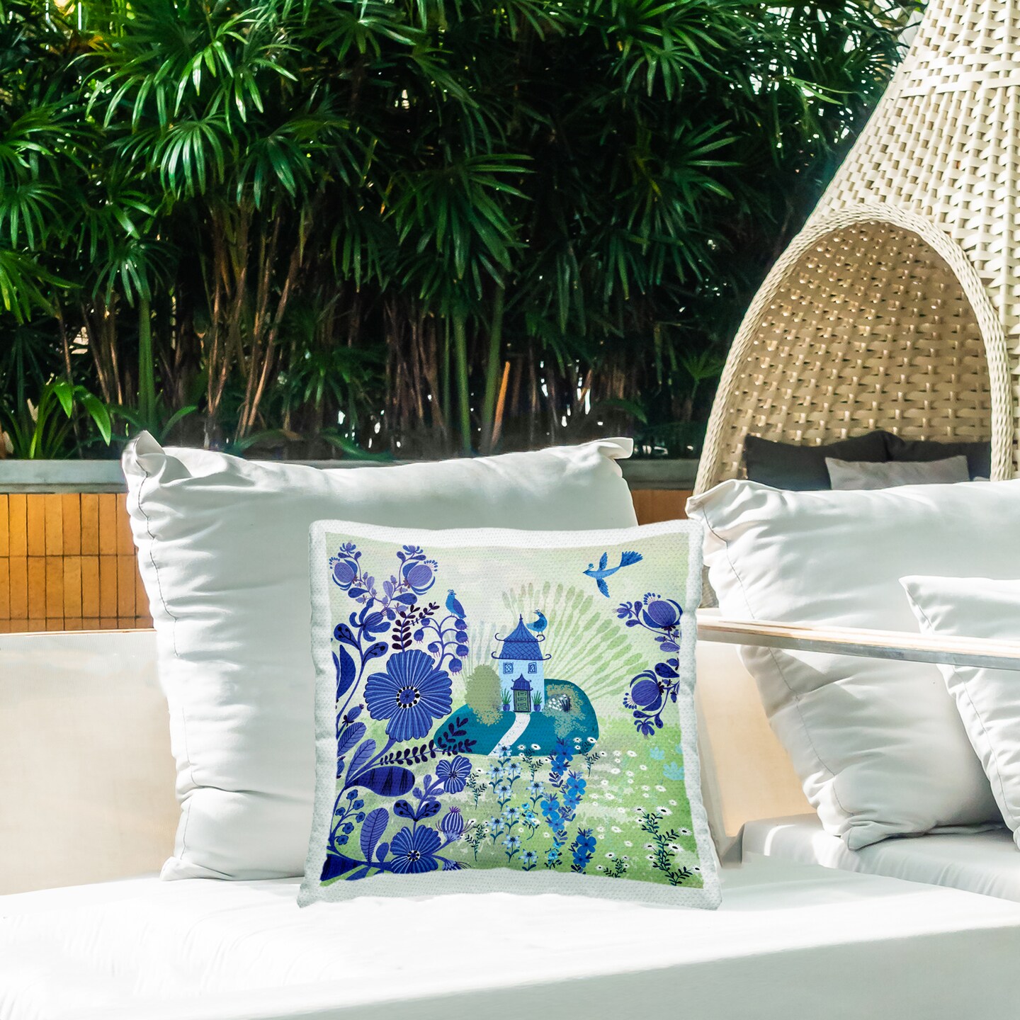 Stupell Industries Whimsical Blue Garden Outdoor Printed Pillow design by Kay Widdowson, 18 x 7 x 18