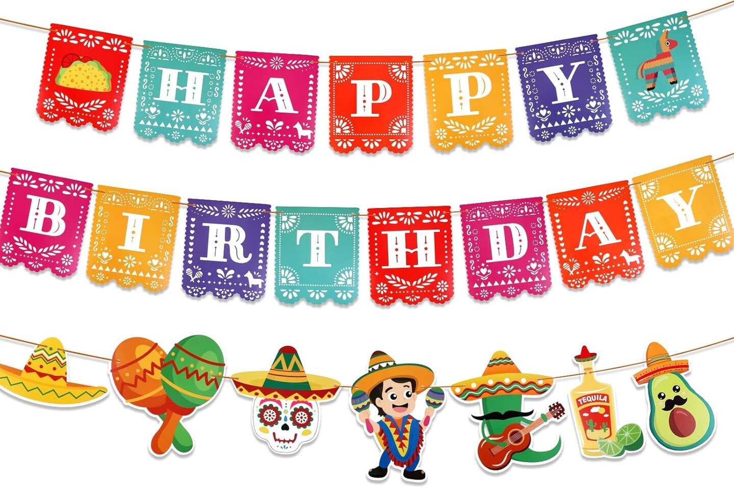 3 Pack Mexican Fiesta Banner Set, Cinco de Mayo Banner for Mexican Themed Party Decoration, Happy Birthday Papel Picado Banner Flag, Taco Hanging Backdrop Banner for Fiesta Party Supplies