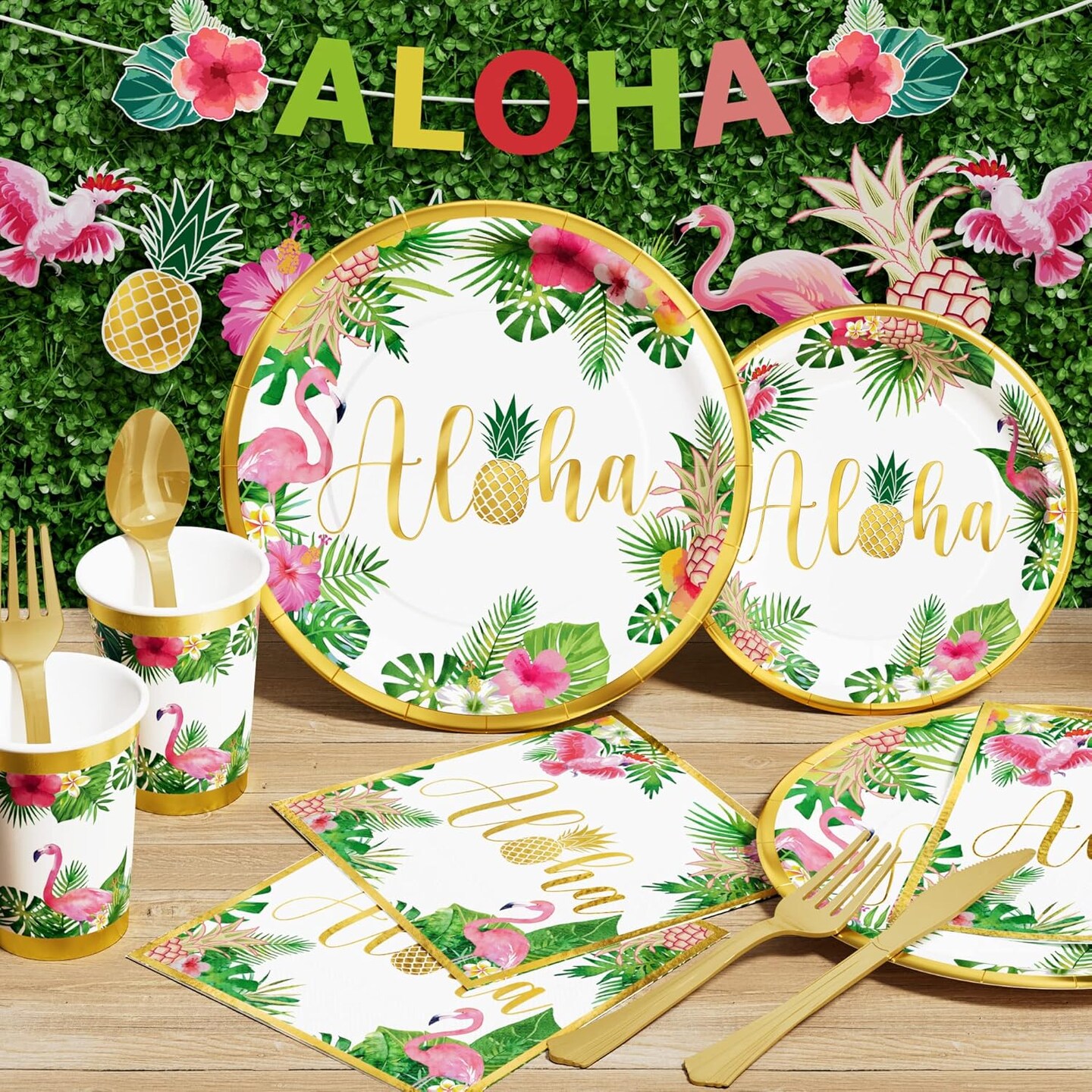 Hawaiian Luau Birthday Party Supplies, 246PCS Disposable Dinnerware(25 Guest) &#x26; Tropical Decoration Aloha Summer Beach Paper Plate Cup Napkin Cutlery Tablecloth Backdrop Balloon Garland