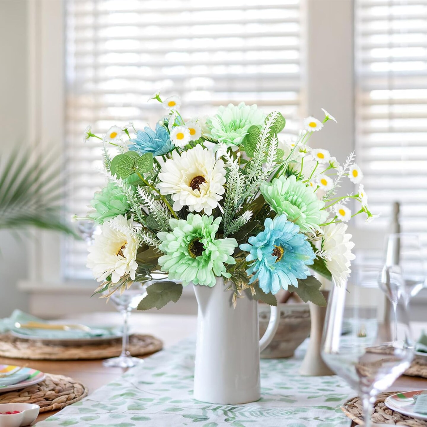 Summer Floral Arrangement &#x2013; Silk Flowers for Home Decor, 7Pcs Artificial Daisy Wildflowers, Faux Flower Arrangements for Farmhouse Table Centerpiece
