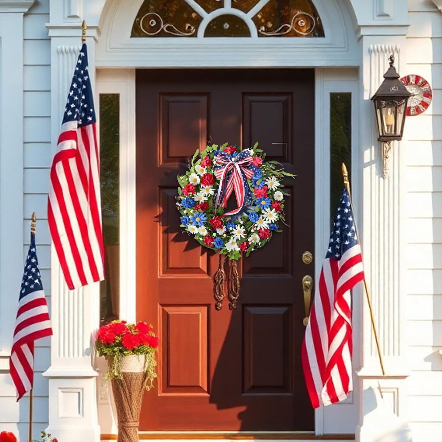20inch Patriotic American Wreaths for Front Door,4th of July Independence Day Wreath Red White Blue Wreath for Window Door Decoration
