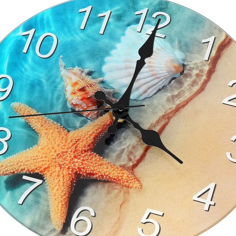 12-Inch Seashell Wall Clock &#x2013; Frameless Silent Non-Ticking Glass Clock for Home, Office, Battery Operated (1x AA Required)